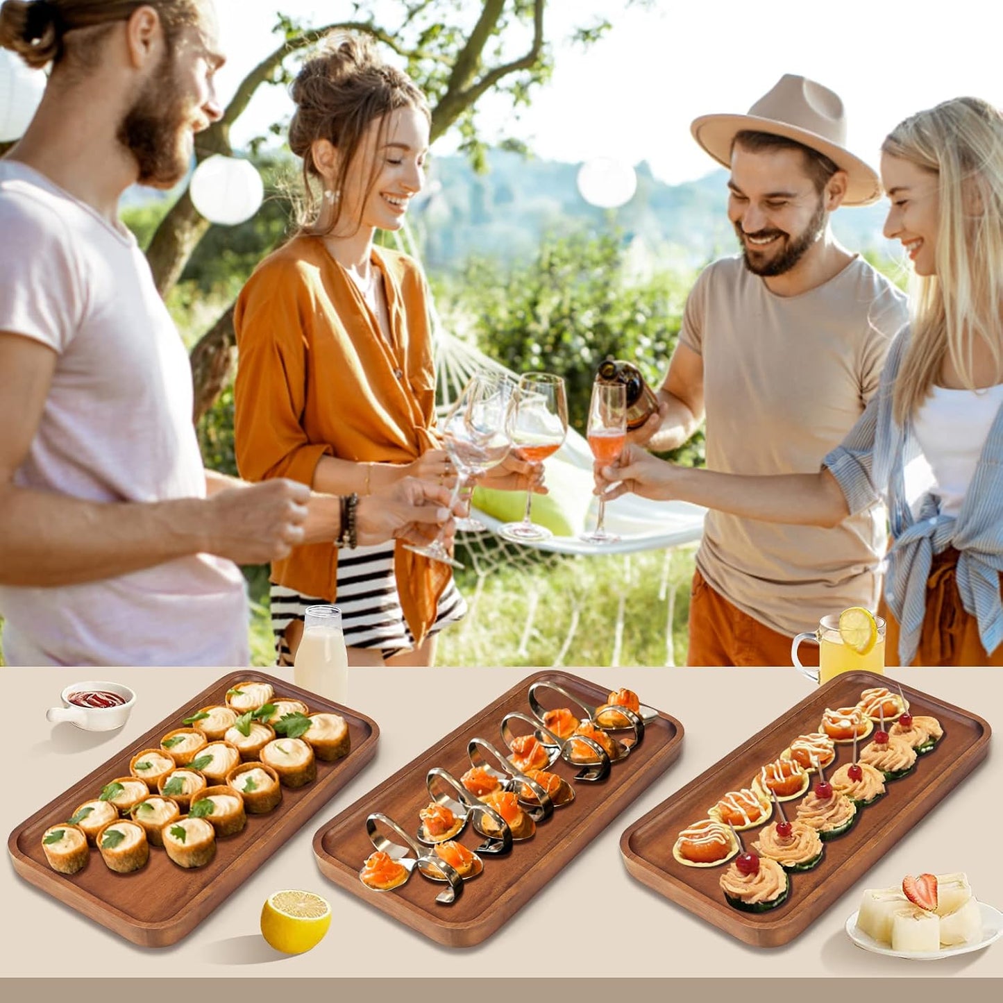 Medium Acacia Wood Serving Trays Long Charcuterie Boards Wood Snack Platter / 14 x 8 x 0.8