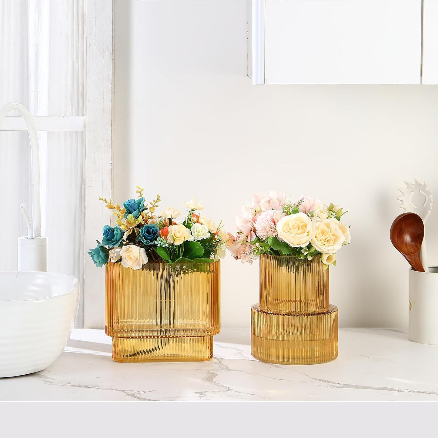 Glass Vases / Modern Glass Vase / Amber / Ribbed + Oval / Set of 2