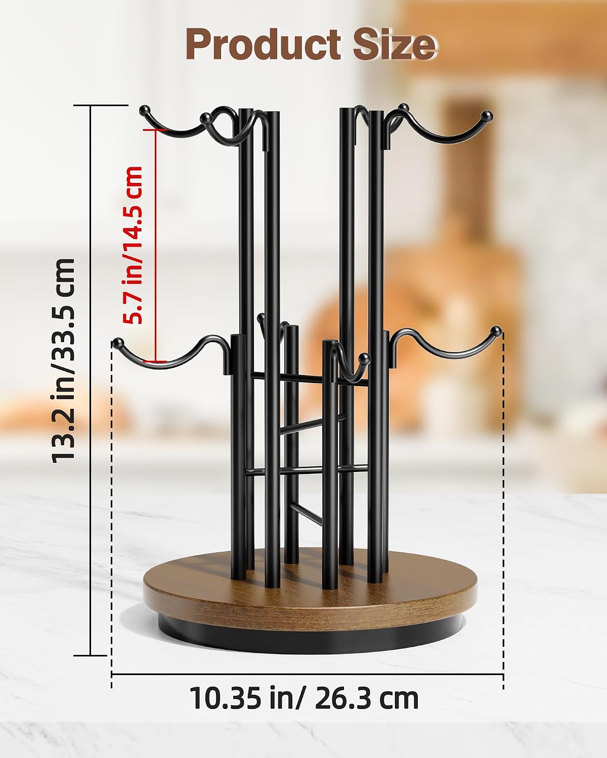 8-Hook 360° Rotating Large Coffee Mug Tree for Counter, Wood Base, Brown | 360° rotation, 8 mugs (12-16oz), 5.7"
