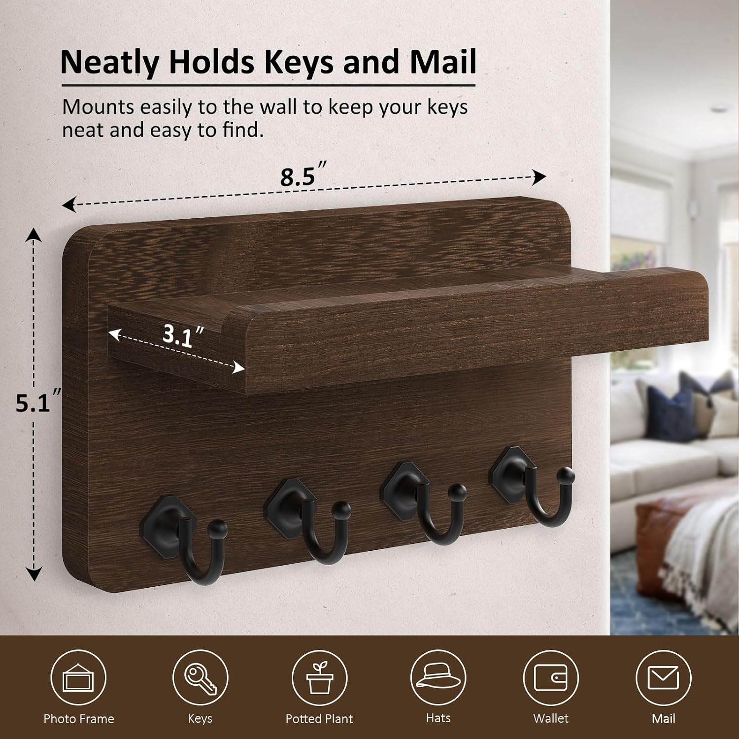 Small Home Decor Wooden Wall Organizer / Brown / Small - 8.5 Inch / 8.5 Inch