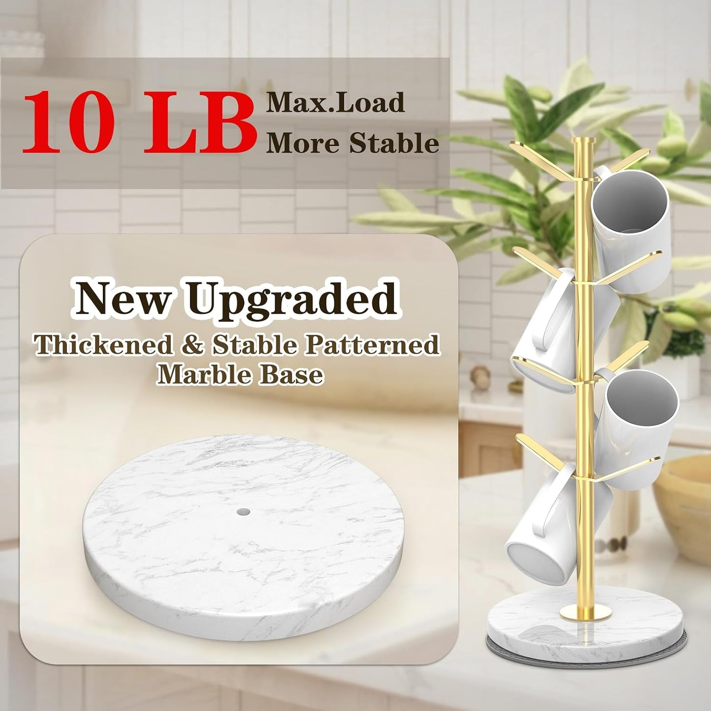 Gold Marble Mug Holder Tree with 2–8 Adjustable Hooks | Detachable Stainless Steel Coffee Cup Stand with Modular Height