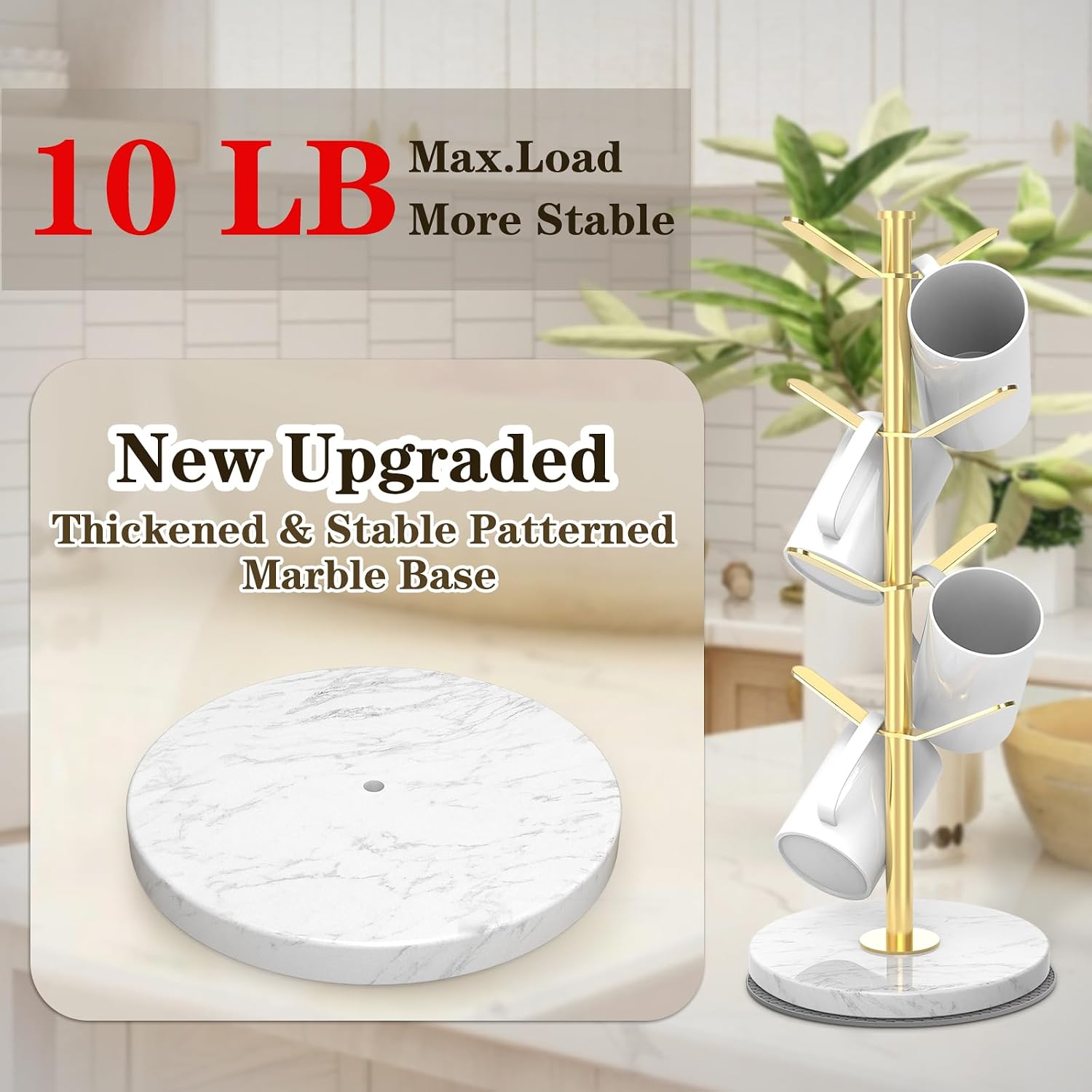 Gold Marble Mug Holder Tree with 2–8 Adjustable Hooks | Detachable Stainless Steel Coffee Cup Stand with Modular Height