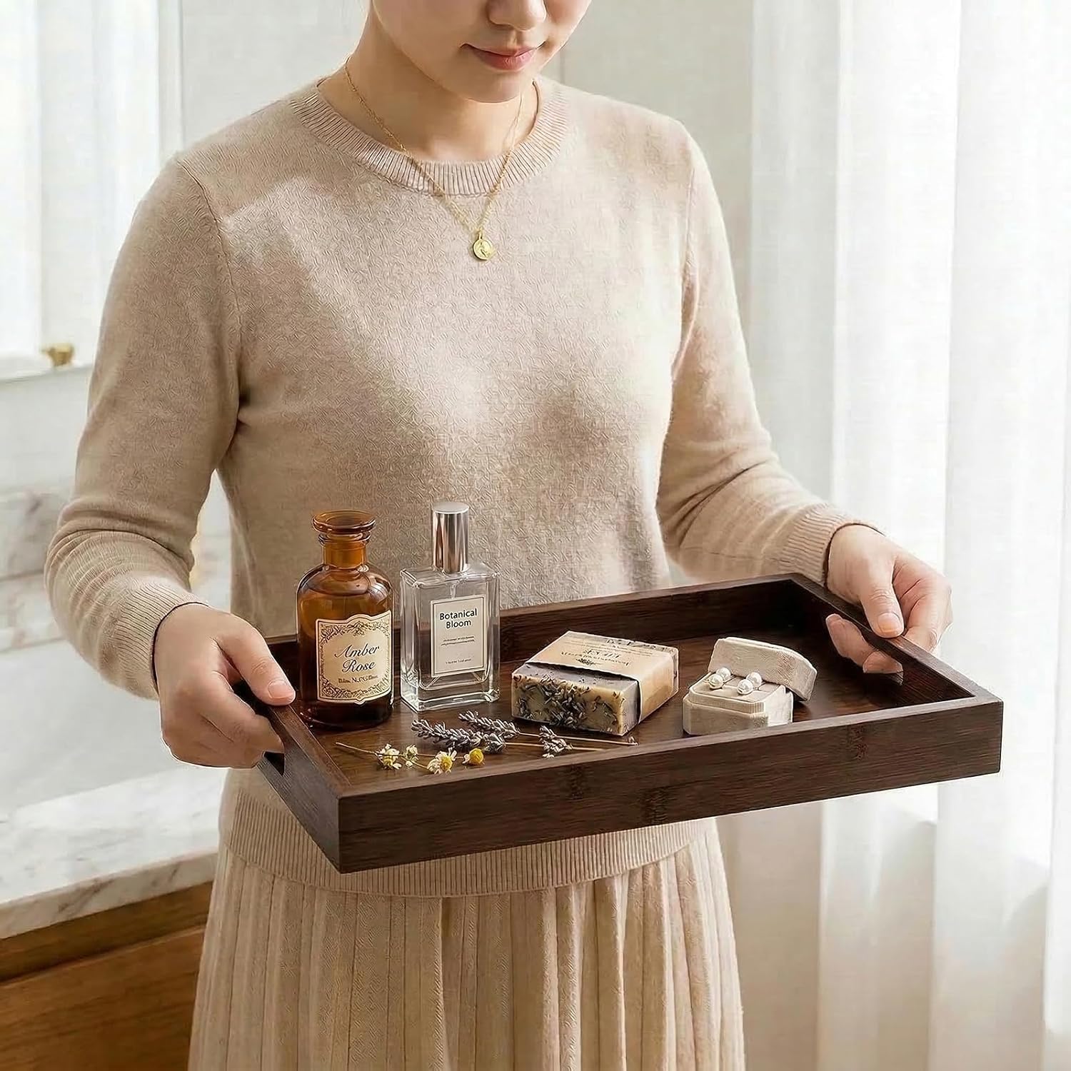 Bamboo Wood Display Tray for Dresser / Vintage / Natural / 11.4 x 7.9