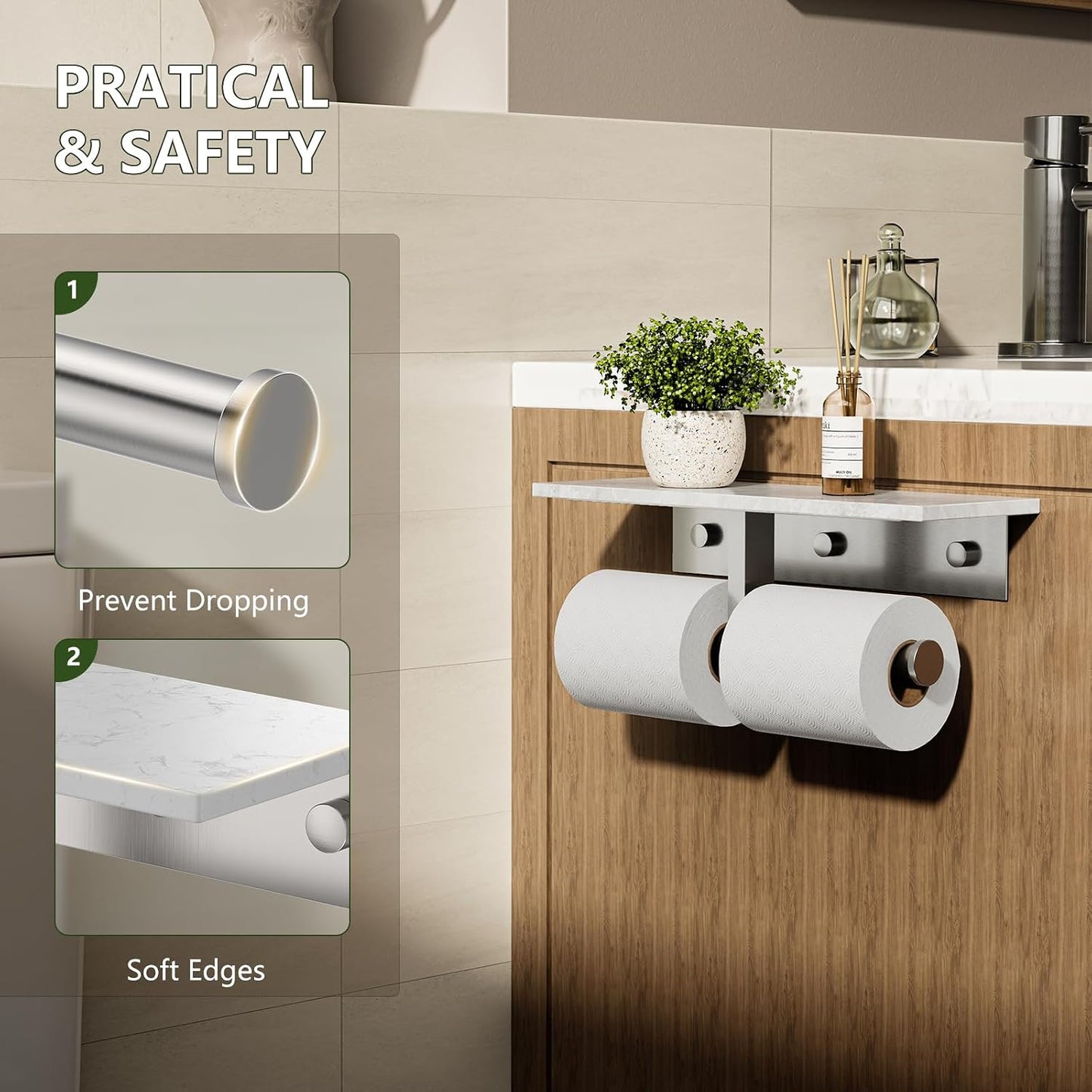 Marble Toilet Paper Holder with Shelf Doulble Bathroom Tissue Roll Holder | Brushed Nickel 304 Stainless Steel Toilet