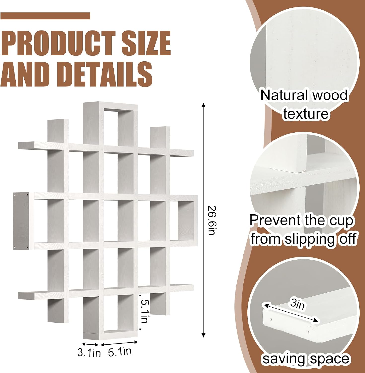Suzile Mug Display Shelf Wall Mounted,Grid Size 5.1x5.1x3in,White | Rustic Wood Floating Shadow Box for Coffee Mugs