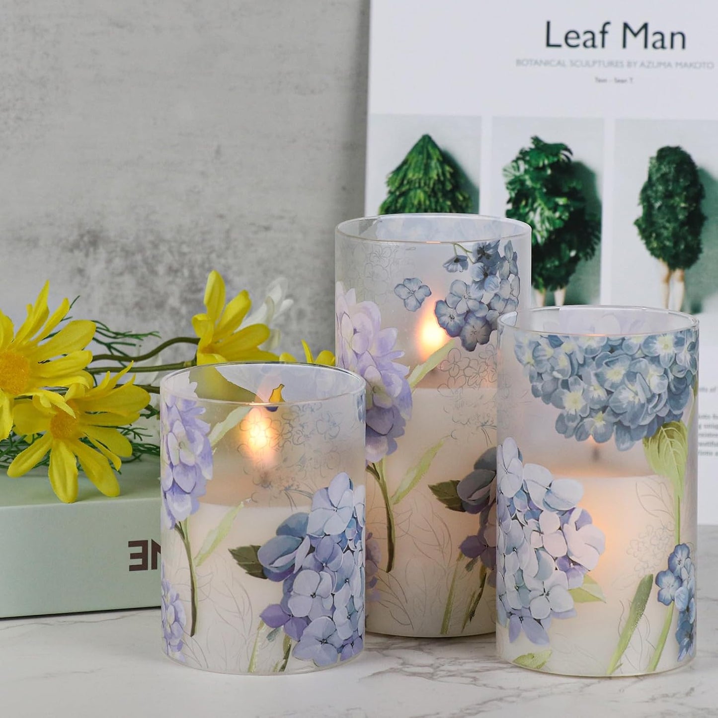 Hydrangea Glass Flameless Candles Batttery Operated Remote Timer | LED Flickering Pillar Candles, Real Wax 400 Hours