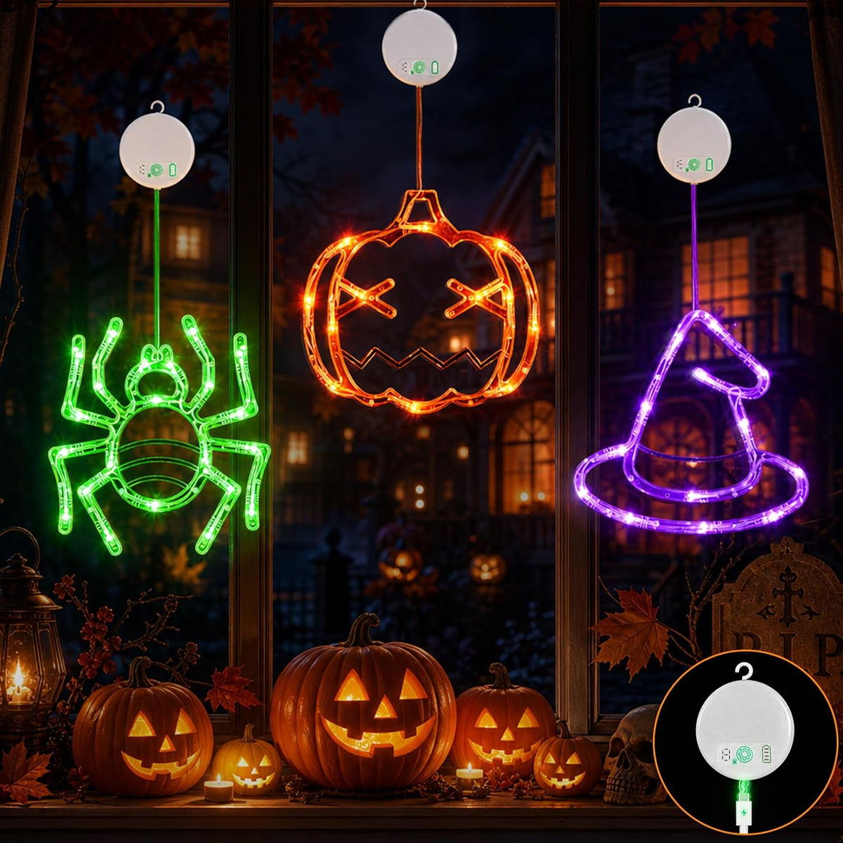 LOLStar Rechargeable Pumpkin Spider Witch Halloween Window Lights, 3 Pack