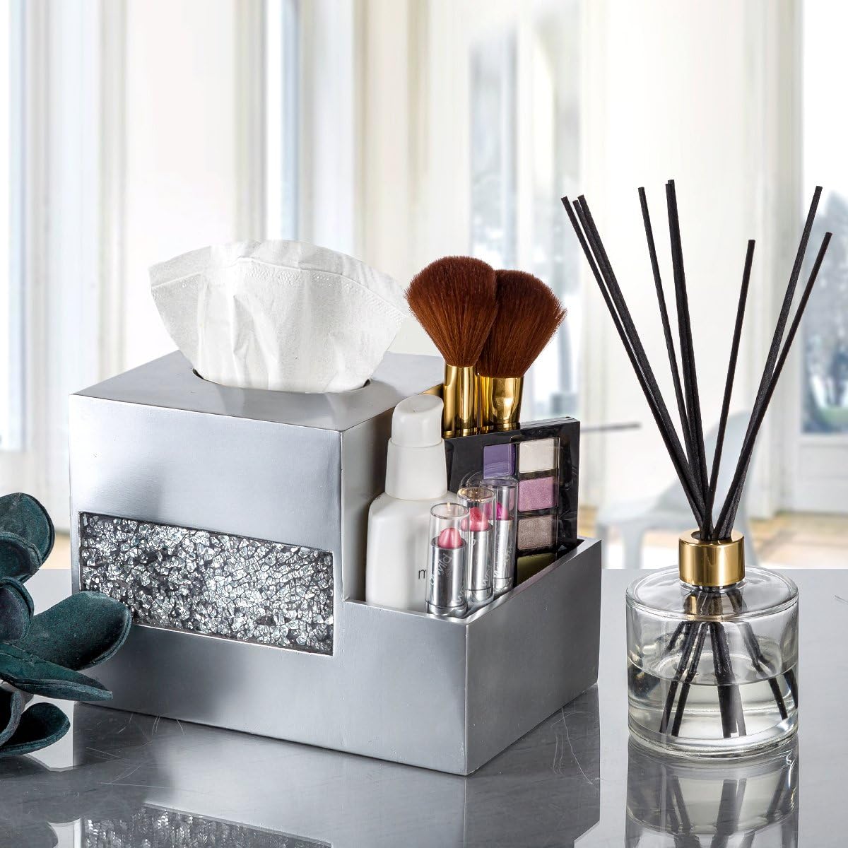 Crackled Glass Tissue Box Cover Square Silver Decorative Multi-function Storage Organizer Caddy; Tissue Box Holder &