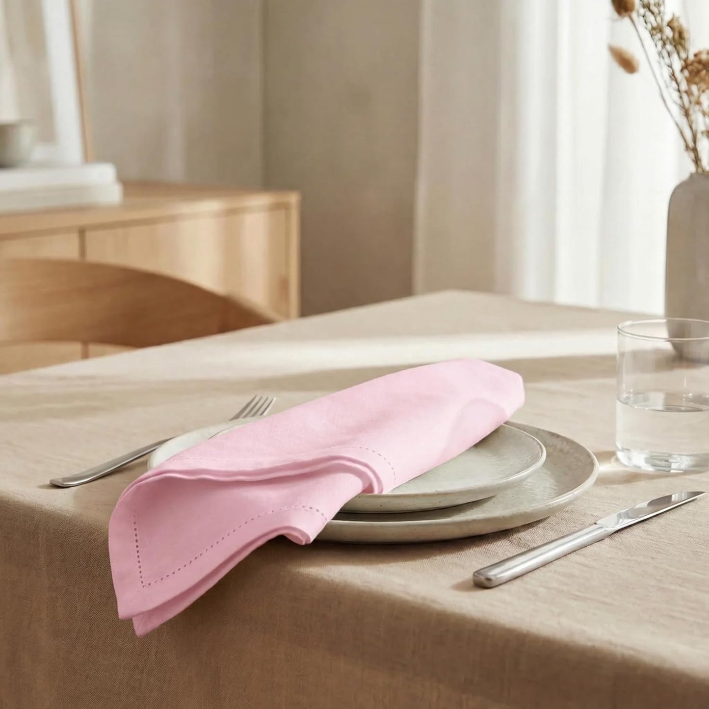 Urban Villa Hemstitch Cloth Dinner Napkins Cotton 20”x20” (Set of 12)-Pink