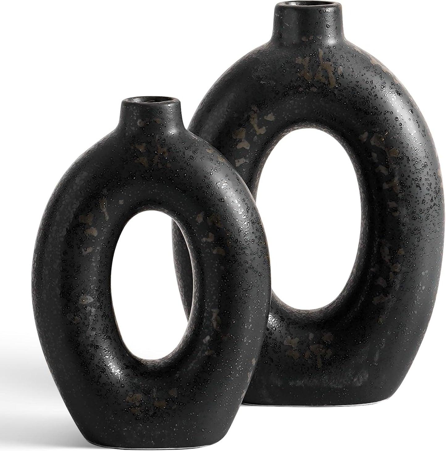 Ceramic Vases / Hollow Donut Flower Vases / Black / 10.5" + 8.5 / Set of 2