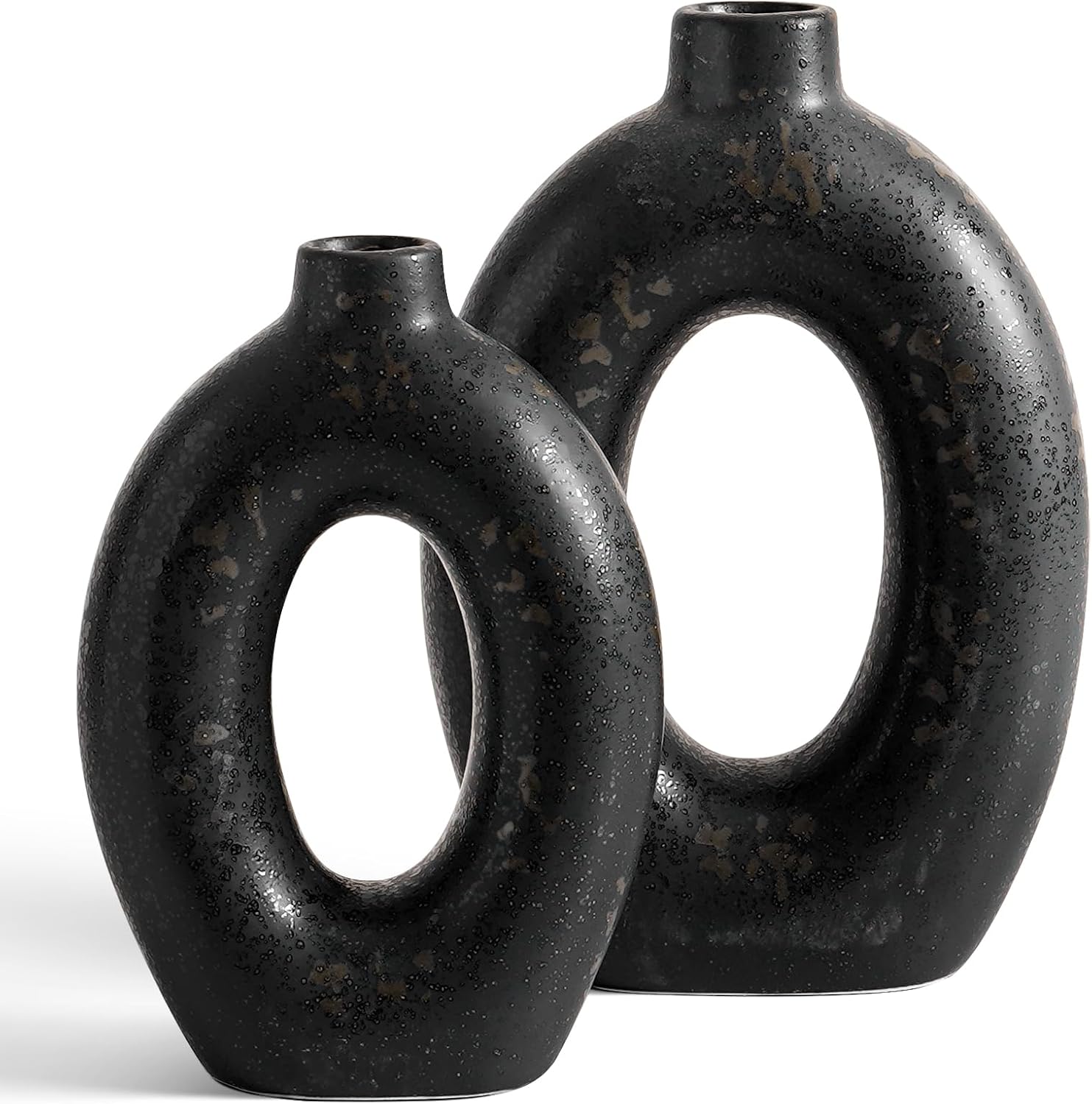 Ceramic Vases / Hollow Donut Flower Vases / Black / 10.5" + 8.5 / Set of 2