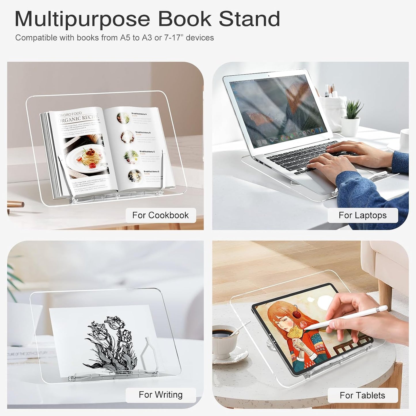 Acrylic Book Stand, Angle Adjustable Book Display Stand,Foldable Cookbook Stand, Lightweight Book Holder for Magazines