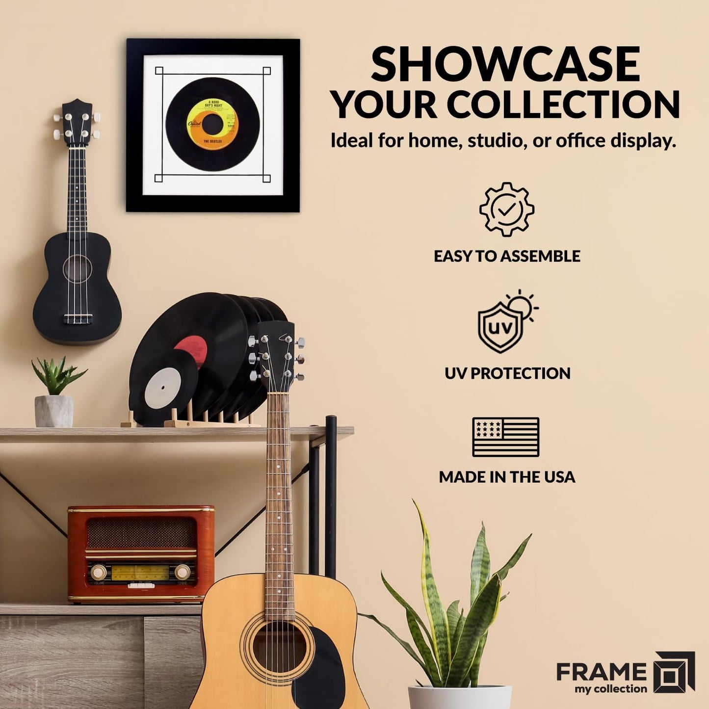45 RPM Vinyl Record Frame | Wall Mounted Solid Wood Record Display Frame for Single 6 7/8-Inch Vinyl with White Mat