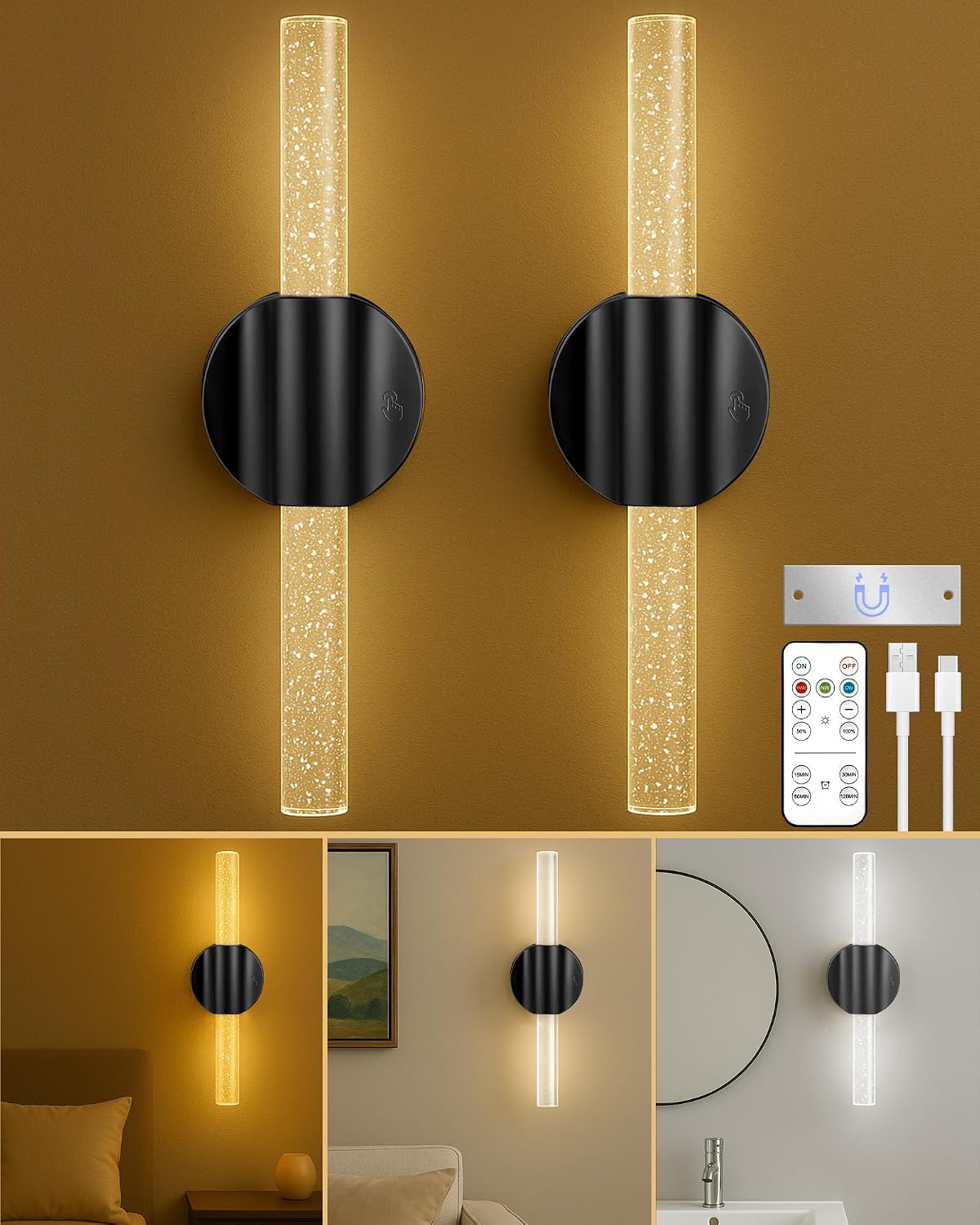 Black Rechargeable Wall Sconces Set of 2, Cordless Wall Lights | Wireless Magnetic Battery Sconces Wall Decor Set of 2