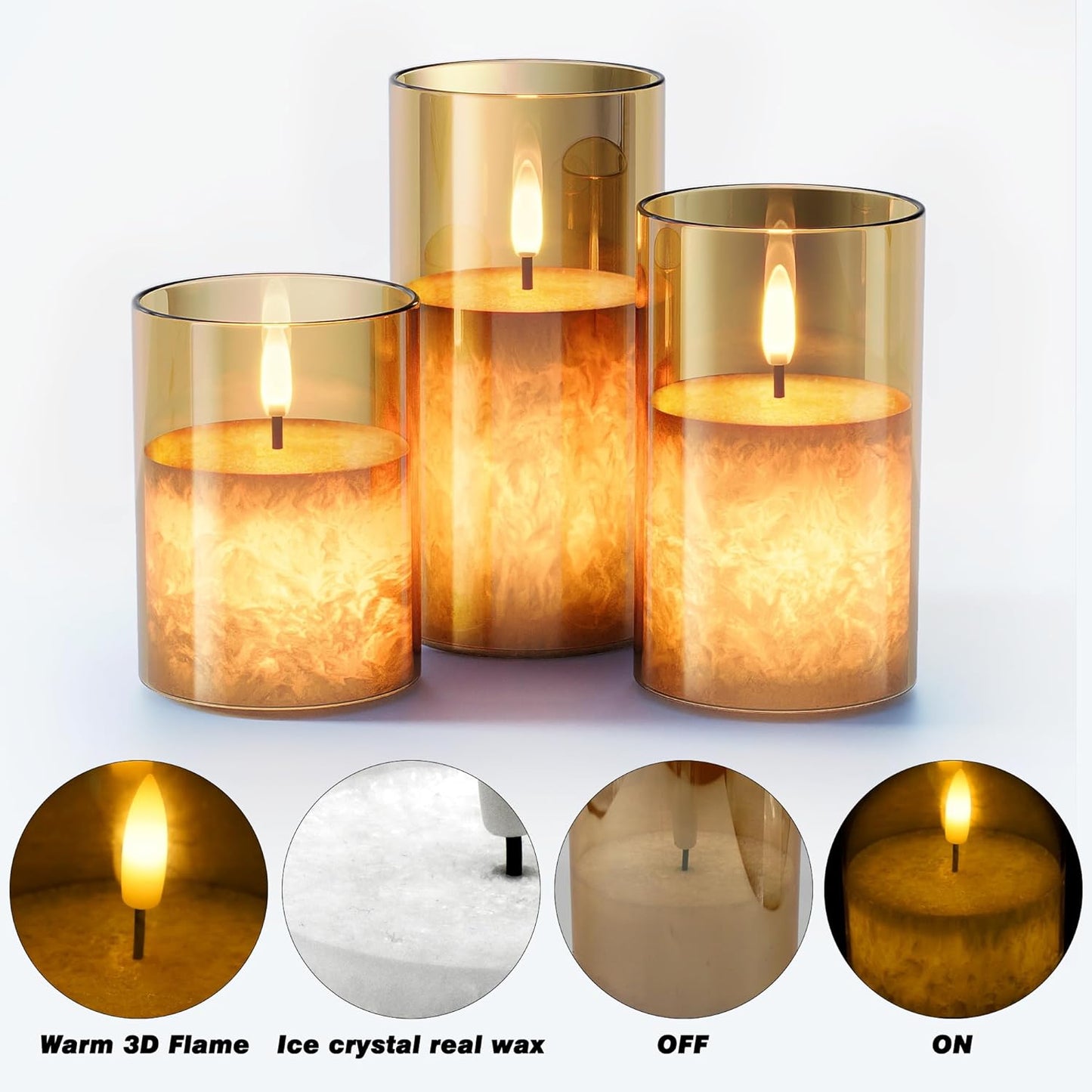 Battery Operated Flameless Candles with Remote & Timer, Gold Glass 3Pack | Real Wax Crystal Texture, D3×H4/5/6"