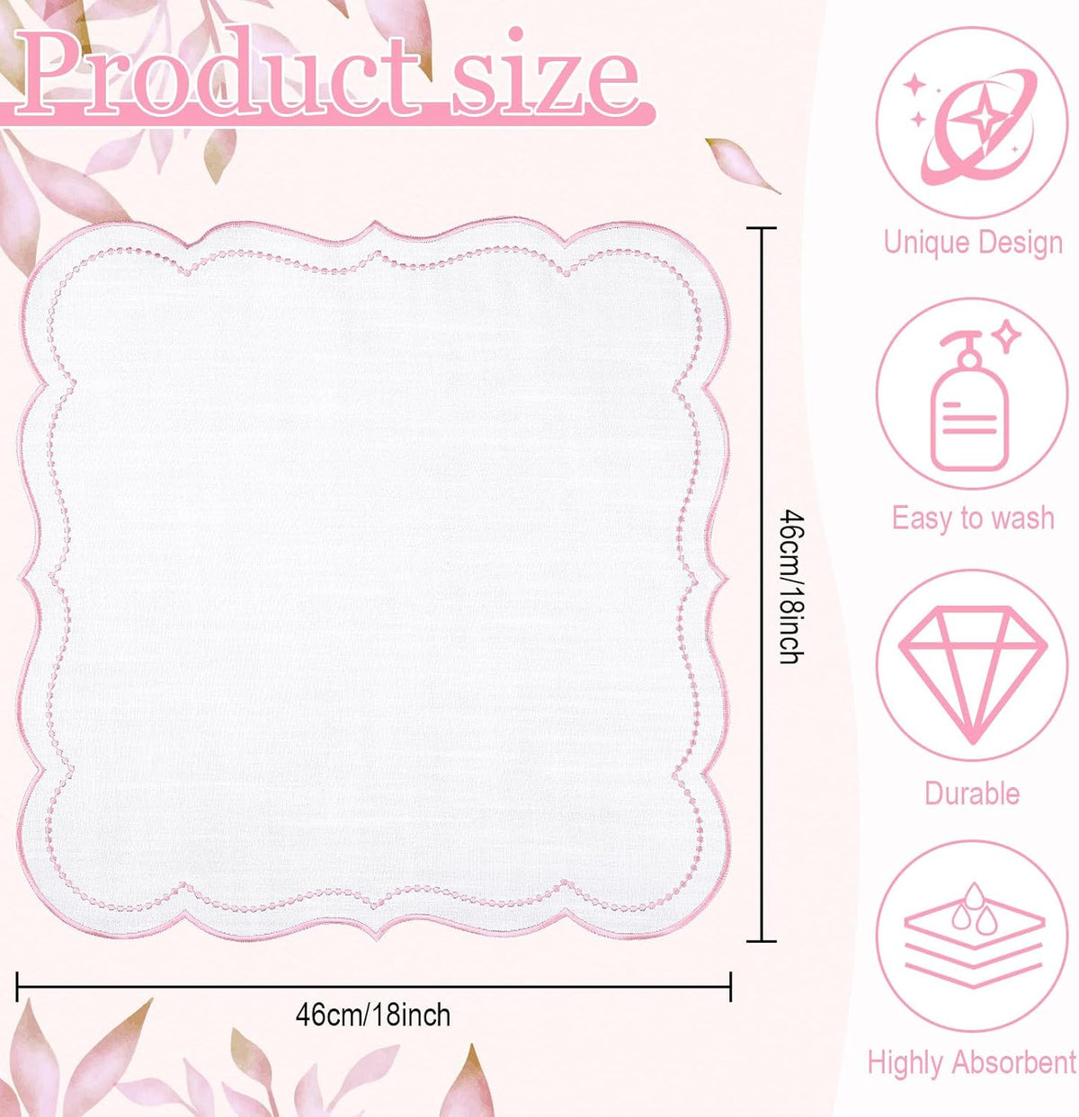 Hahafelt Cloth Napkins 18x18inches Scalloped Embroidery Cloth Napkins Washable Polyester Table Dinner for Hotel