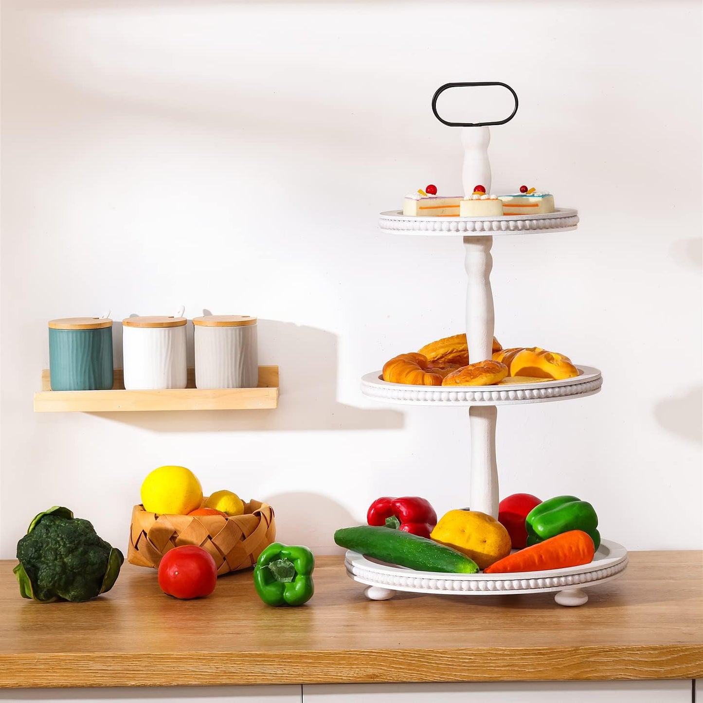 Urban Deco Wooden Tiered Tray 3-Tier Decorative Tray Stand Farmhouse Serving Tray, Round Wooden Cupcake Display Stand