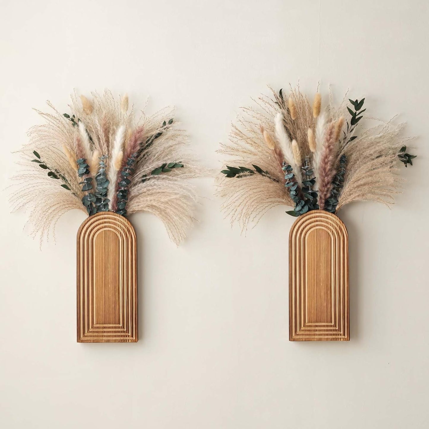 Wooden Wall Vase Set / Brown with Dry Flowers / Set of 2