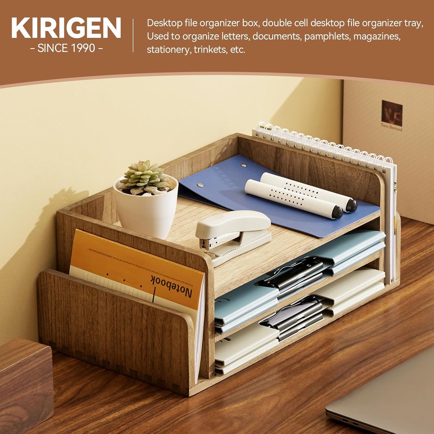 KIRIGEN Wood Desk Organizer, 5-Tray Letter Tray and Mail Sorter, Brown 2TP | Solid Wood 3-Tier Desktop Organizer with 5