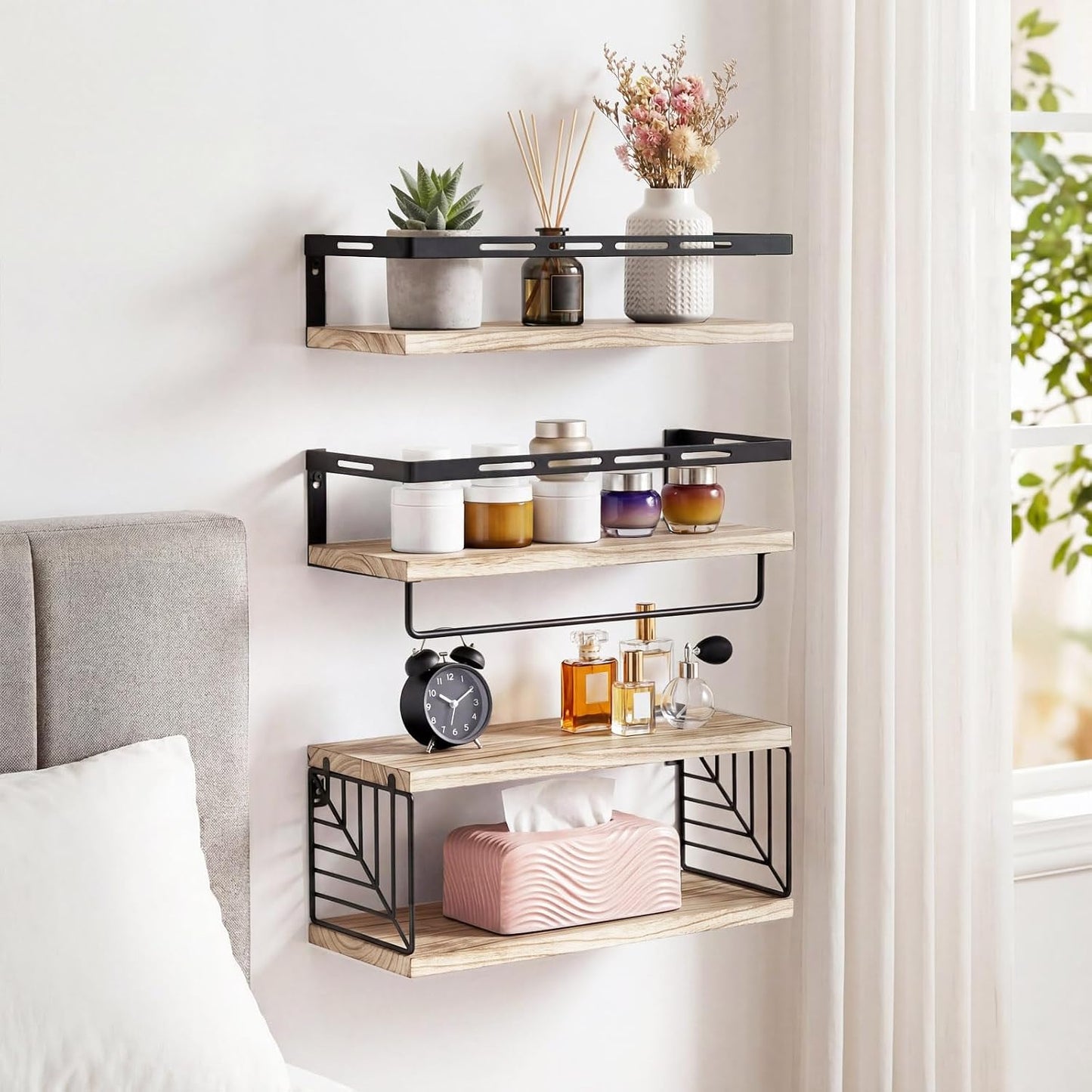 Fixwal Wall Mounted Bathroom Shelves Over Toilet (3+1 Light Brown) | Wall Shelf with Basket Storage , Towel Bar, Solid