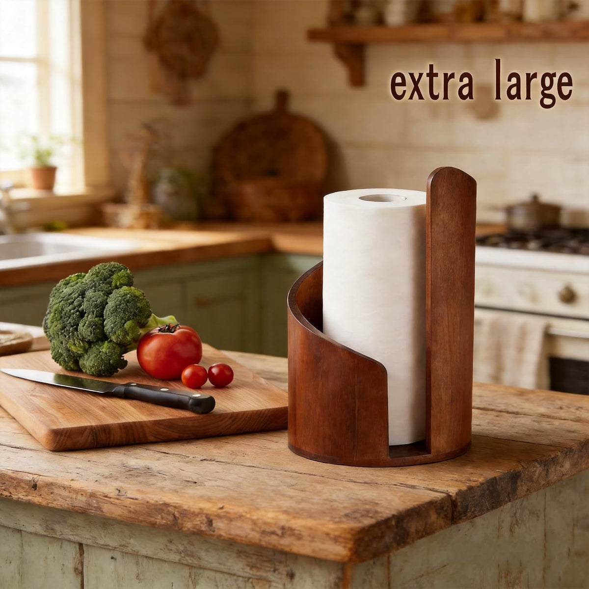 Large Size Countertop Paper Towel Holder with Mango Wood Round Base and Iron Stand, Kitchen Roll Organizer for Kitchen