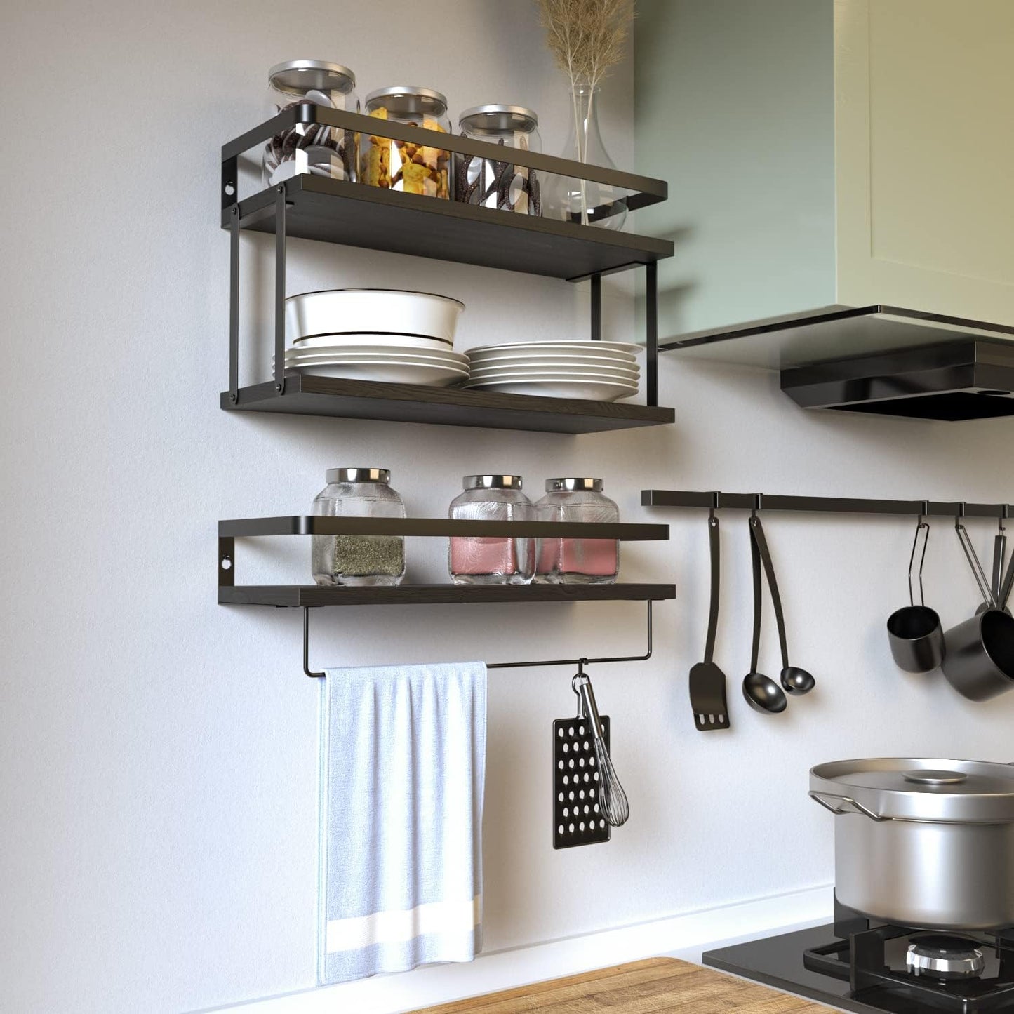 RICHER HOUSE Floating Shelves Bathroom, Wall Mounted Shelf Over Toilet | 2+1 Tier, with Metal Rail, Towel Rack, Paper