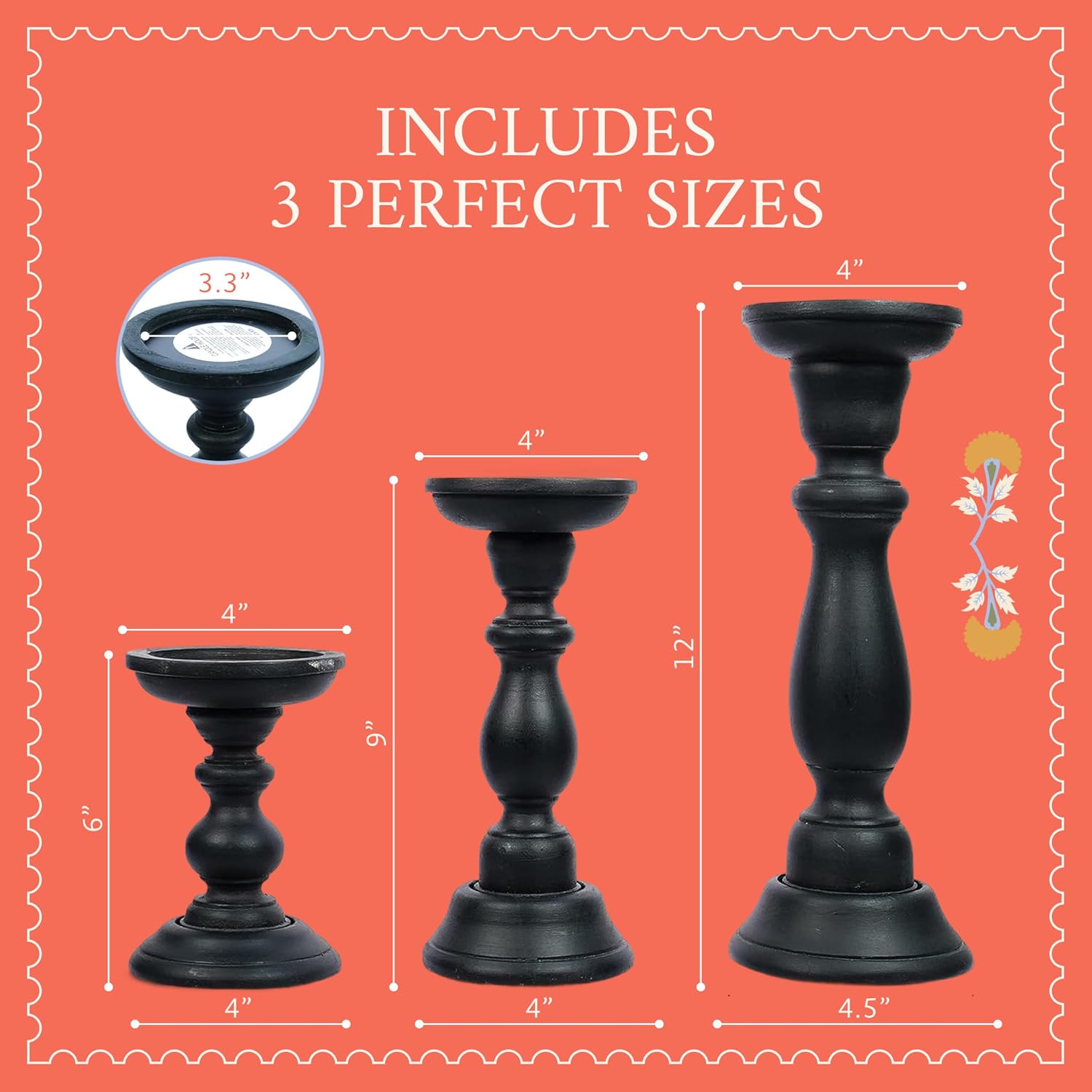 Tuli Mango Wood Candle Holders - Matte Black, Set of 3 | 6", 9" and 12" hand-carved candle holders for table, mantel