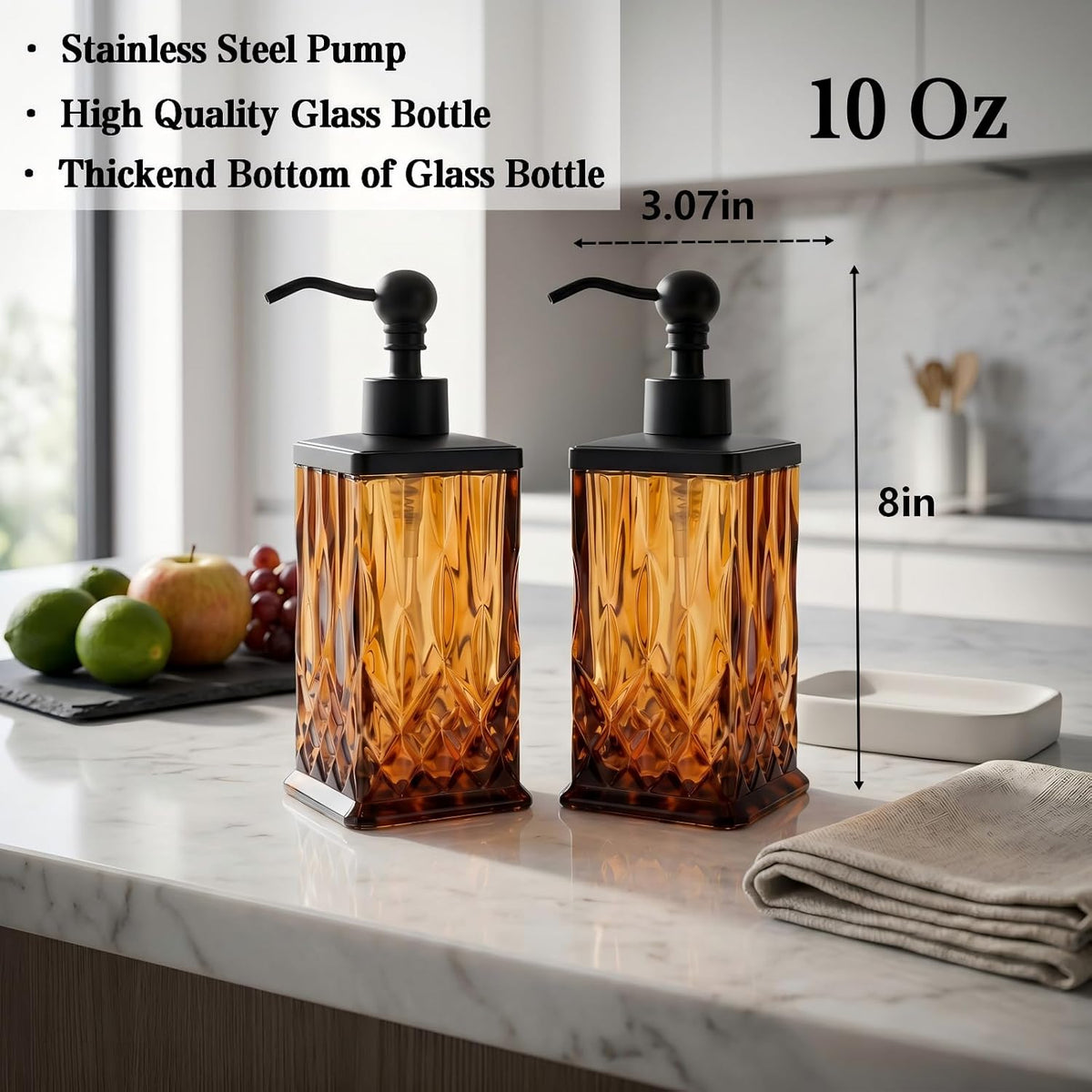 2 Pack 10Oz Amber Soap Dispenser, Square Thick Glass | Featured texture pattern, for lotion,hand soap or body wash for