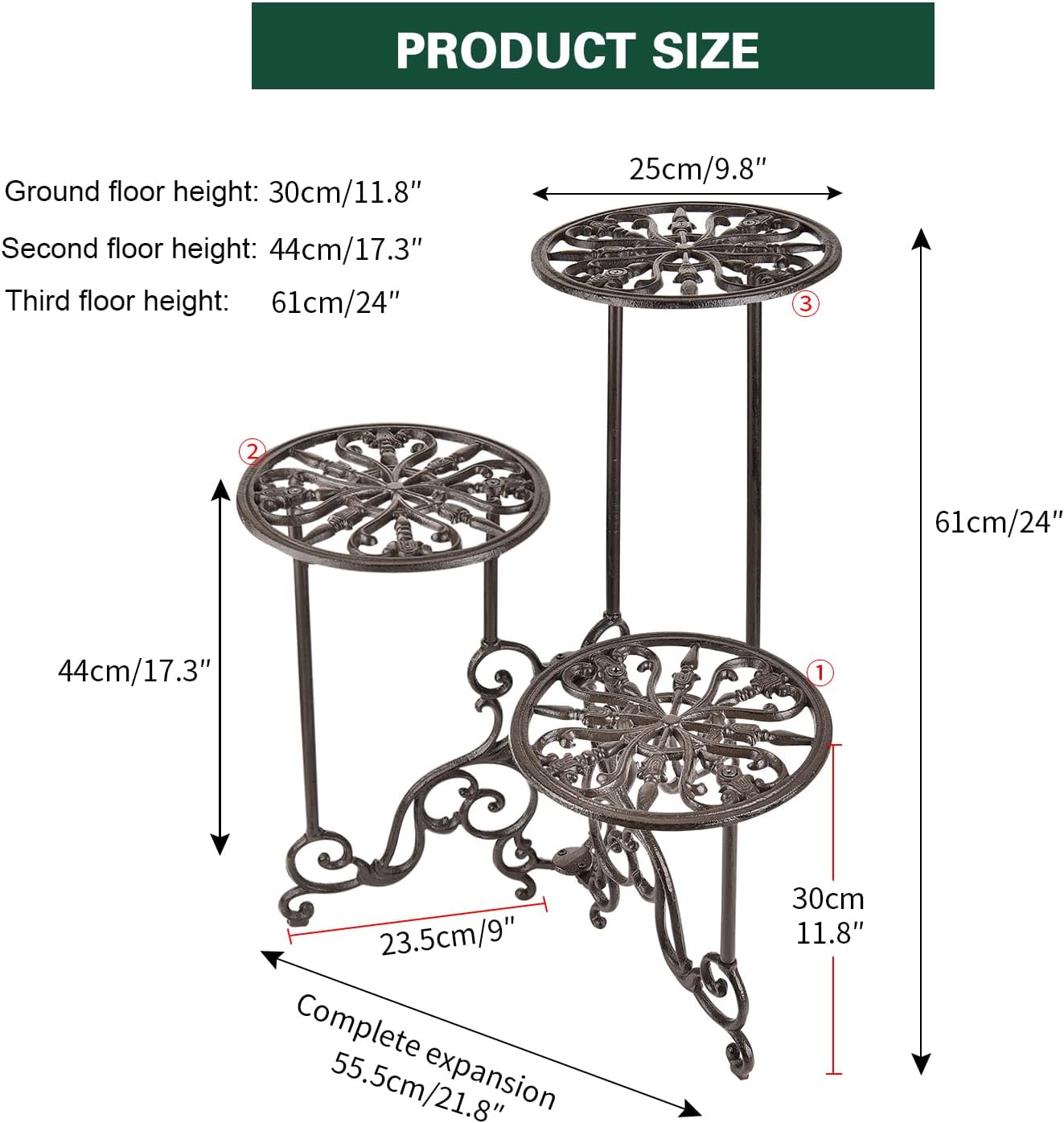 Sungmor Cast Iron Plant stand, 24 Inches Tall 3 Tier Foldable Design | Heavy Duty Rustic Metal Holder for Indoor Corner