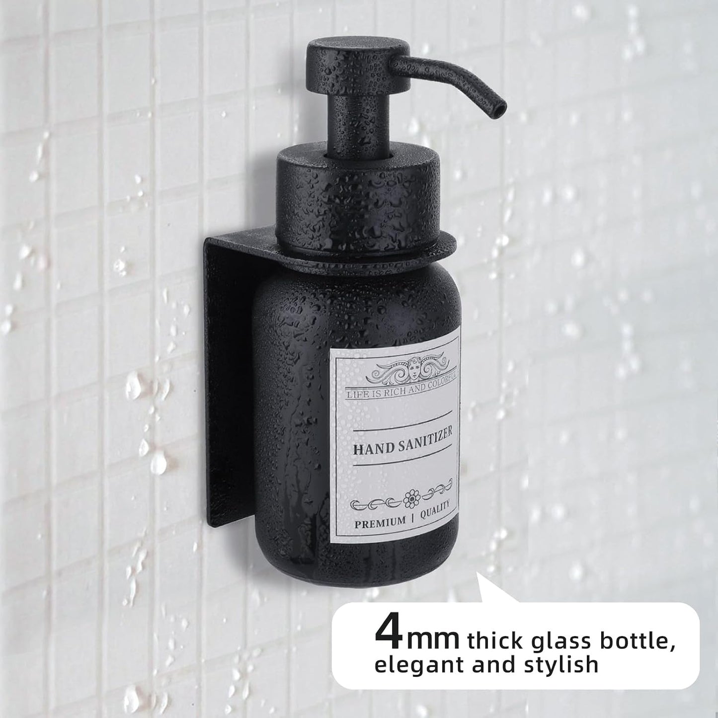 Black Glass Soap Dispenser Wall Mount for Bathroom with Pump and Drill-Free Holders - 8.5 Oz Hand Soap Dispenser