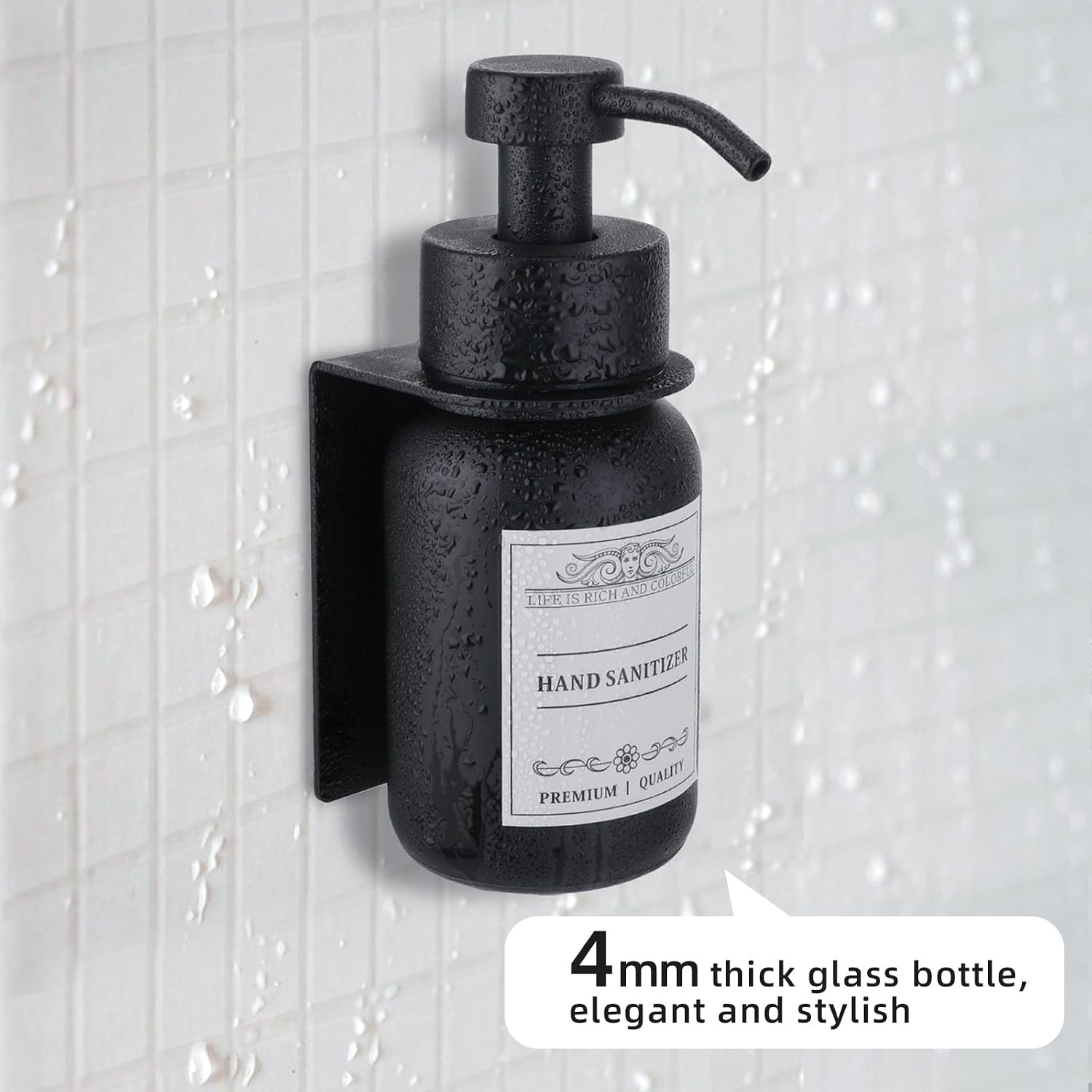 Black Glass Soap Dispenser Wall Mount for Bathroom with Pump and Drill-Free Holders - 8.5 Oz Hand Soap Dispenser