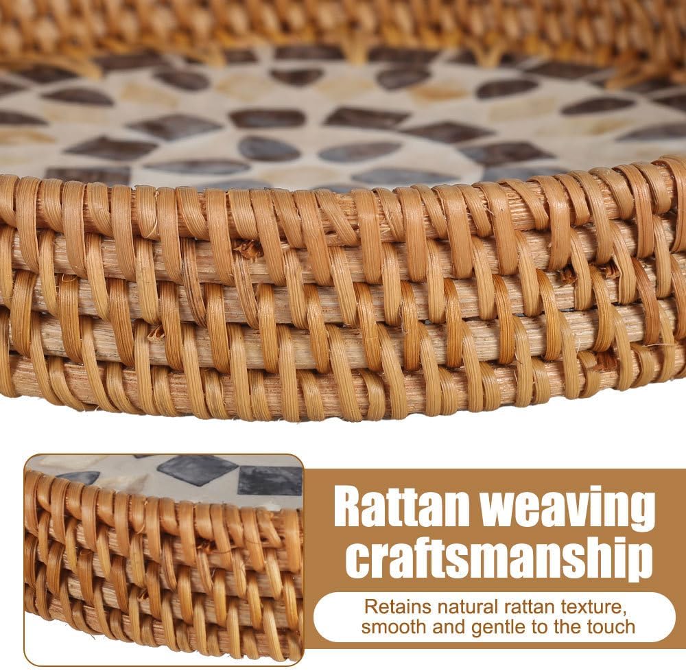 Round Rattan Tray / Mother of Pearl Inlay Aesthetic Wicker Jewelry Dishes for Snacks Fruits