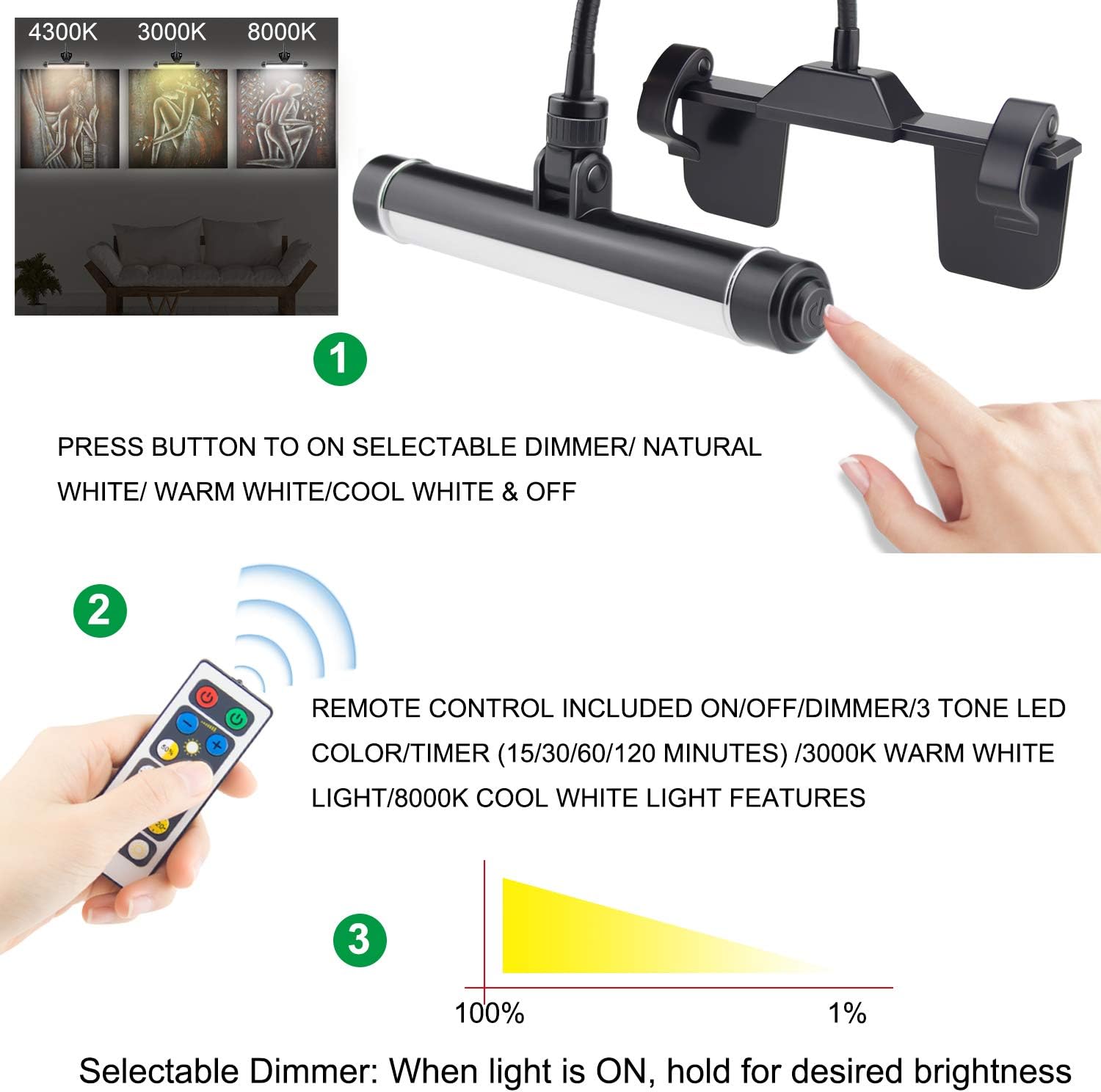 LUXSWAY Wireless Picture Frame Led Lighting,Rechargeable Art Display Lighting Clip on Pictures,Over Painting Lights