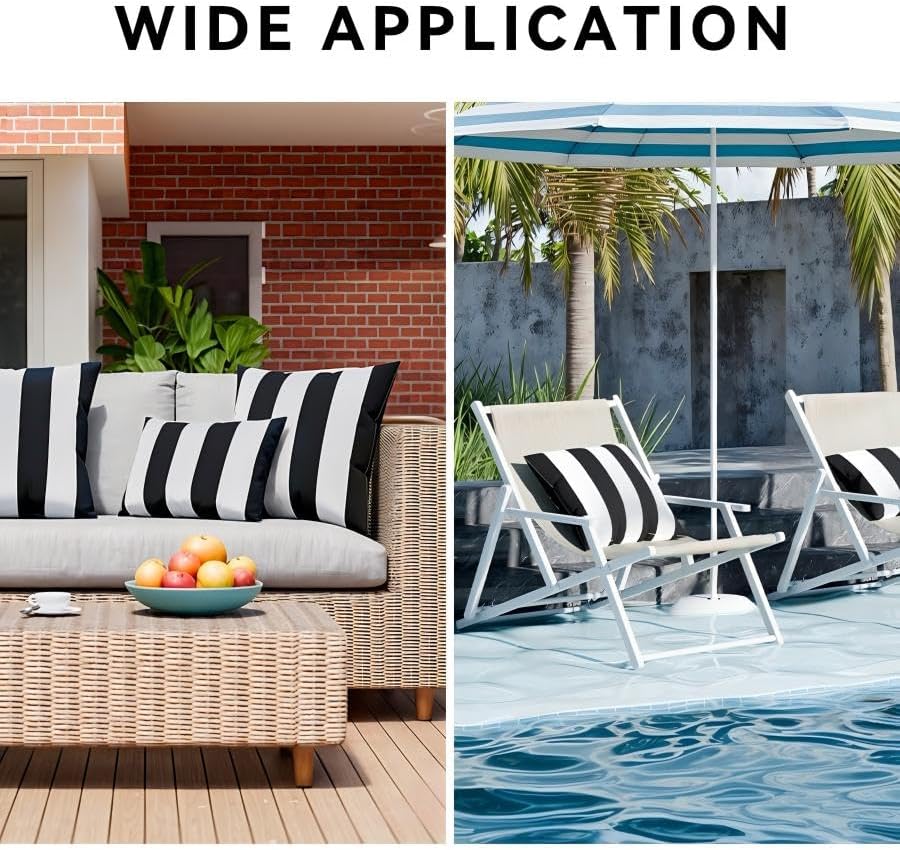 Decorative Outdoor Waterproof Striped Throw Pillow Covers / Black and White / 18 x 18 / Set of 2