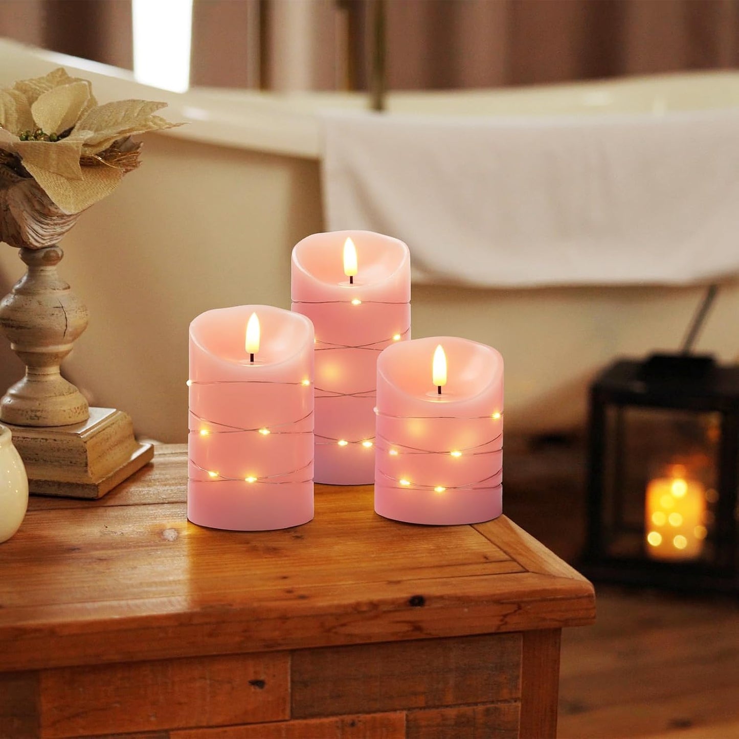 Homemory Flameless Candles with String Lights, 3 Pack Embedded Fairy String Lights LED Candles, Electric Flickering