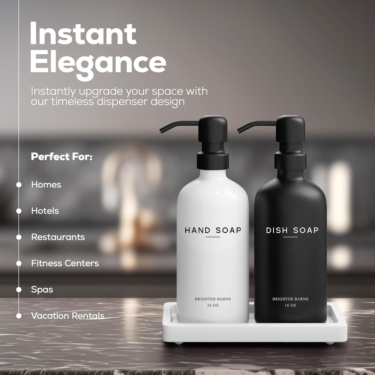 Tray / Glass Hand and Dish Soap Dispenser Set by / Black White Hd