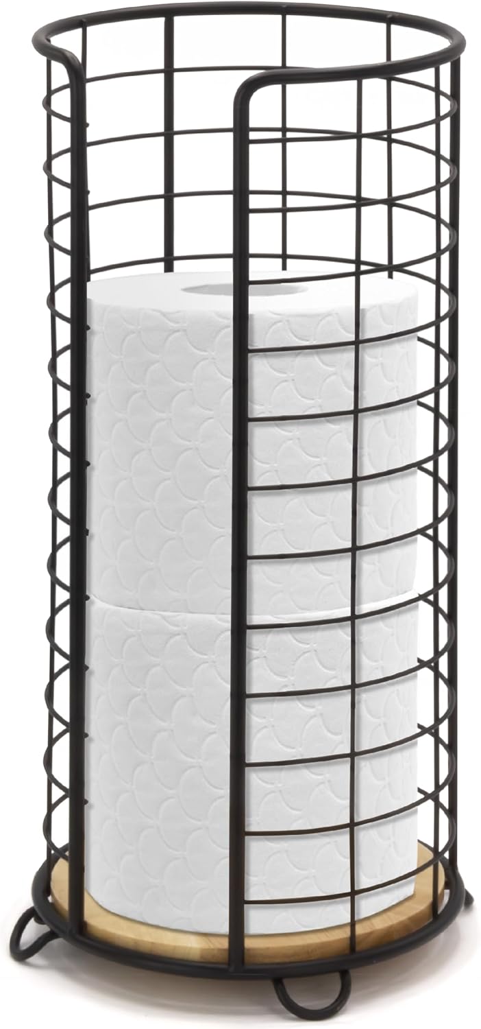 BROOKSTONE, Stylish Toilet Paper Holder with Bamboo Base, Freestanding Bathroom Tissue Organizer, Minimalistic Storage