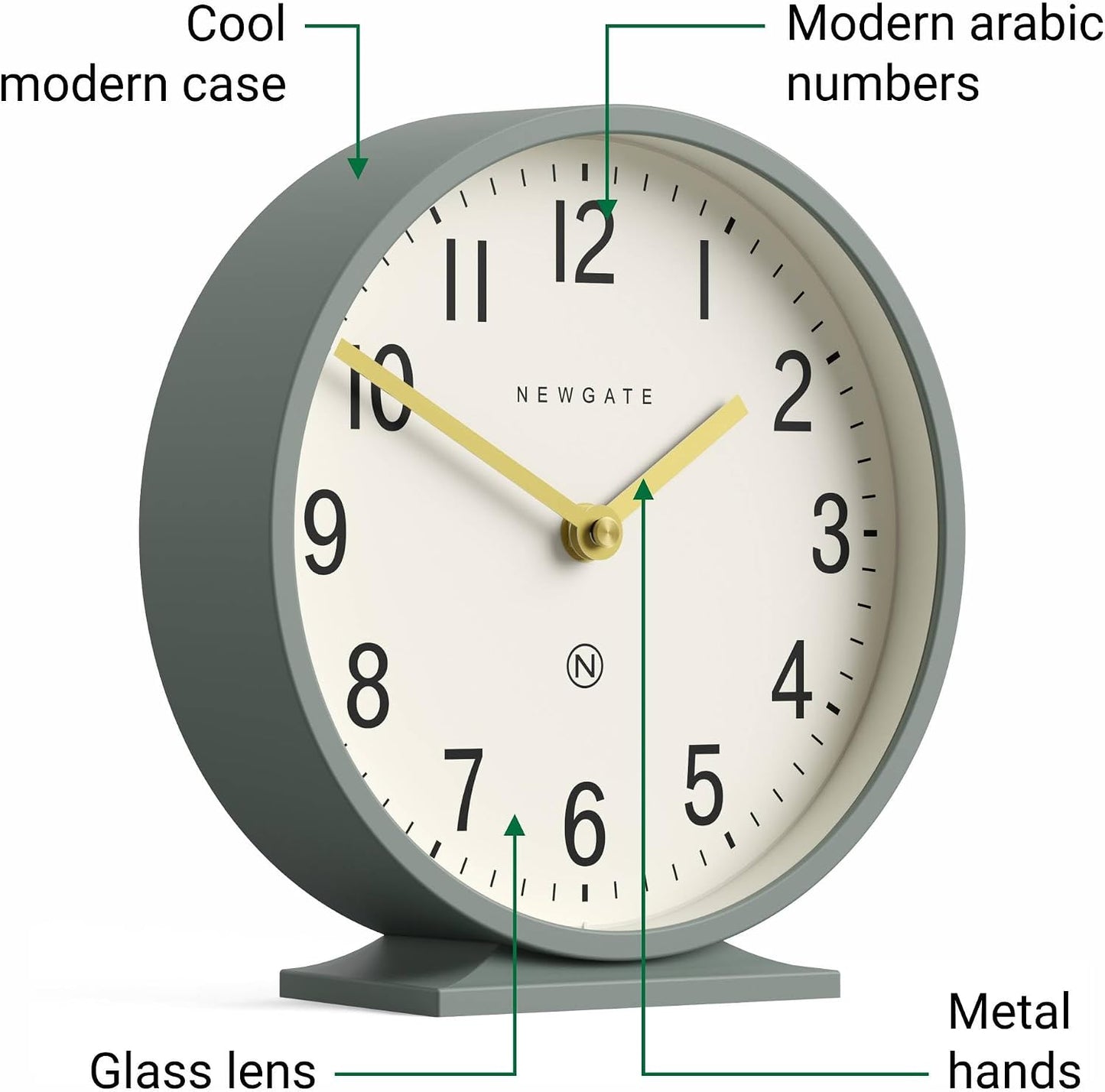 NEWGATE® Q Mantel Clock | Modern Classic Round Mantel Clock | Asparagus Green | Contemporary Style for Mantel, Desk