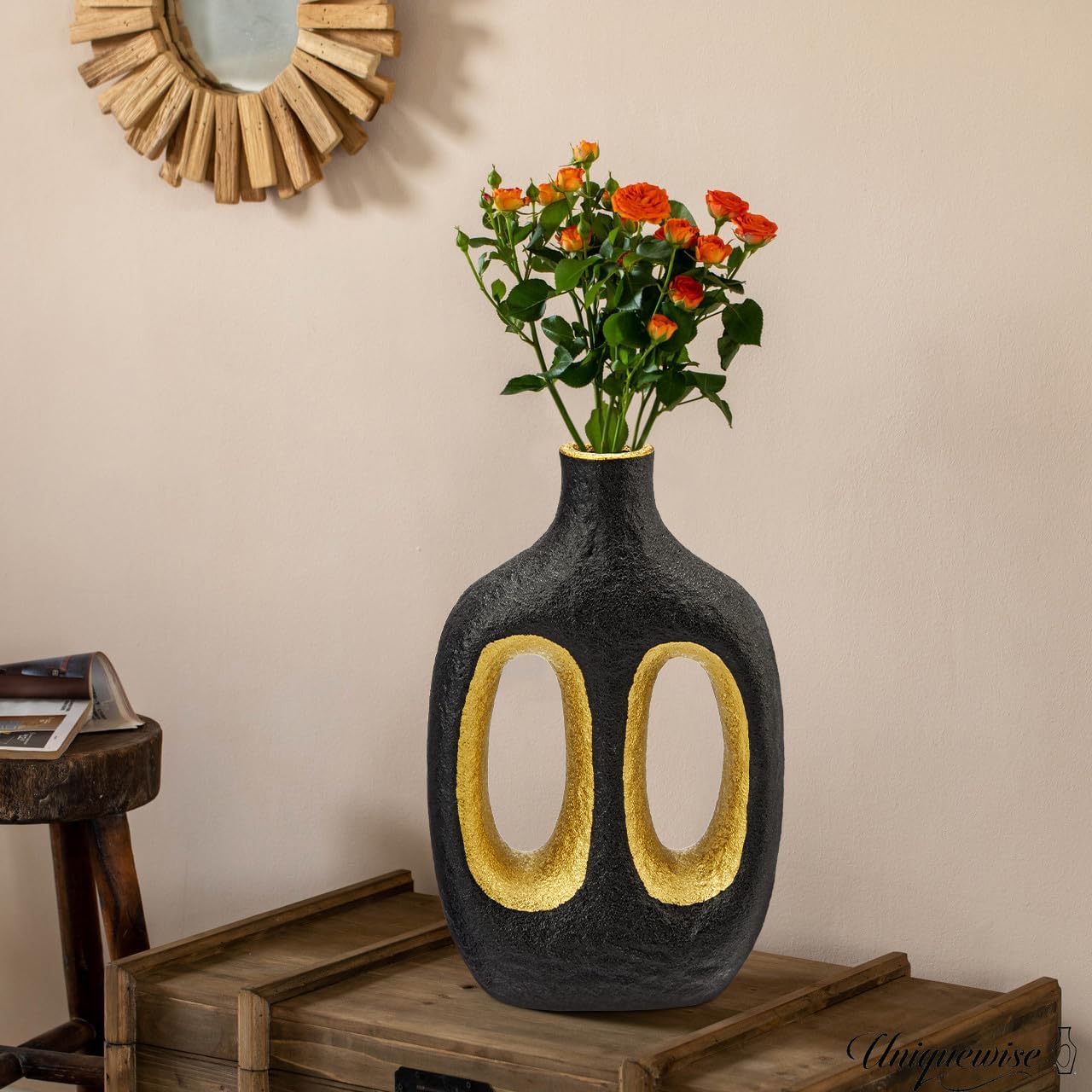 Modern Ceramic Vase Black Vases for Centerpieces Shelf / Double Hole / Black + Gold / 9.4 Inch