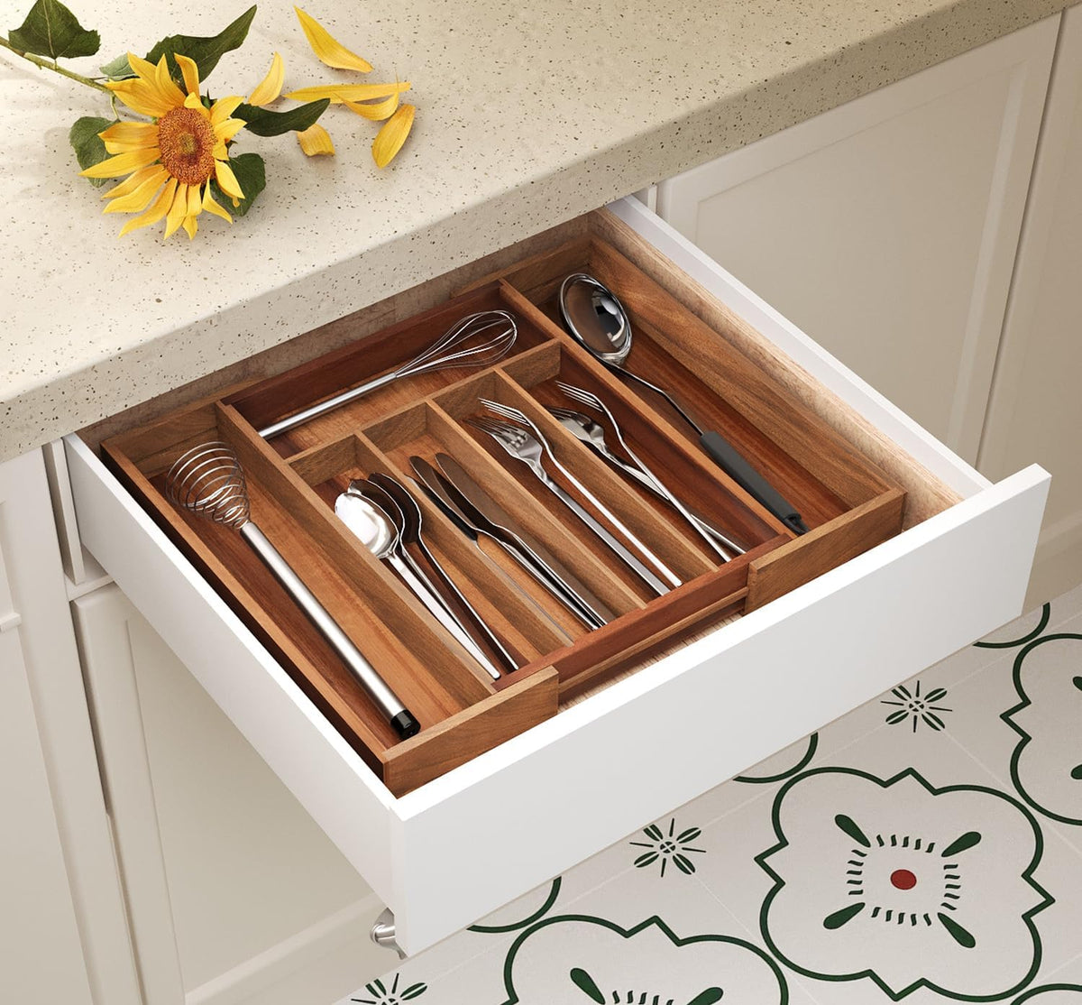 Fibogollo Expandable Kitchen Drawer Organizer,Acacia Wood Silverware Organizer,Adjustable Flatware Tray for