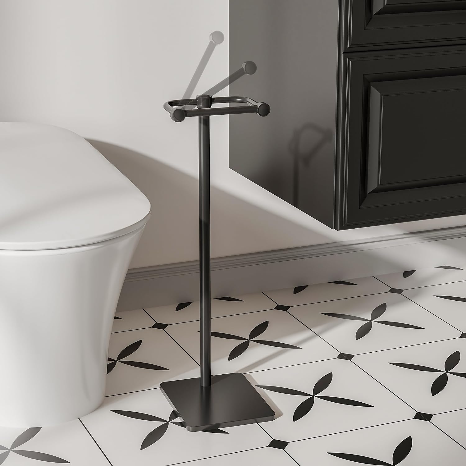 RUACQ Bathroom Toilet Paper Holder Stand, Matte Black | Dual-Post Pivoting Free Standing Toilet Roll Holder with