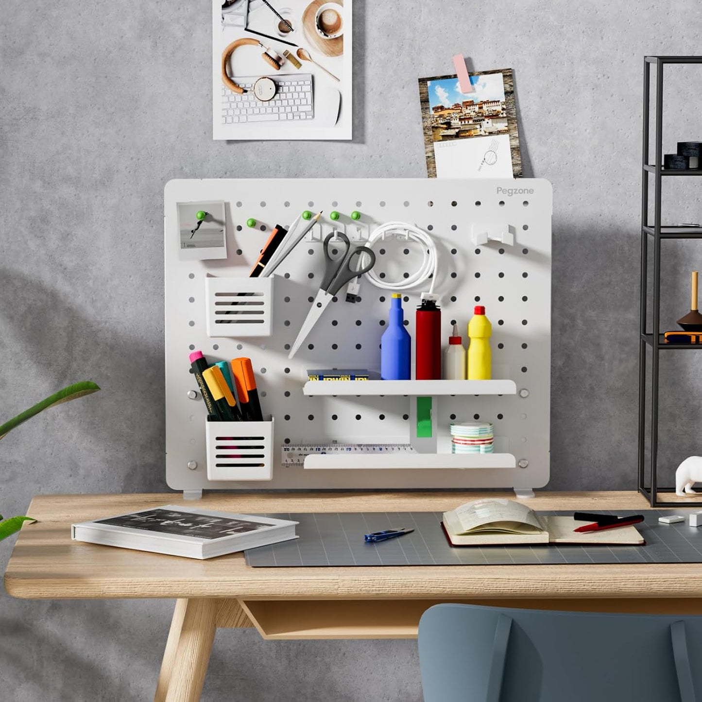 Clamp on Desk Pegboard, 20.4" x 16.5", with 15 Accessories, White | Magnetic Metal Peg Board, Desk Organizer for Office
