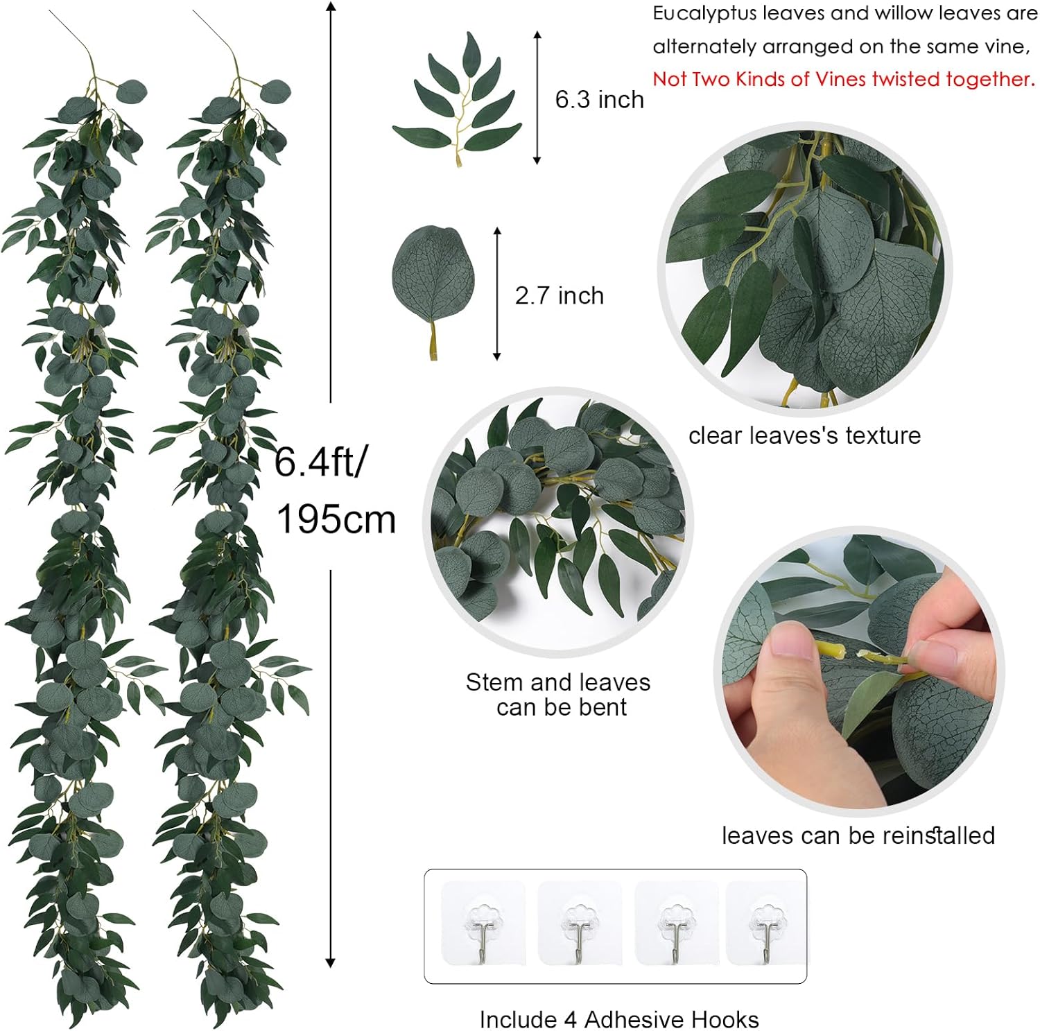Artificial Eucalyptus Garland / Willow Leaves Eucalyptus Garland / Set of 2