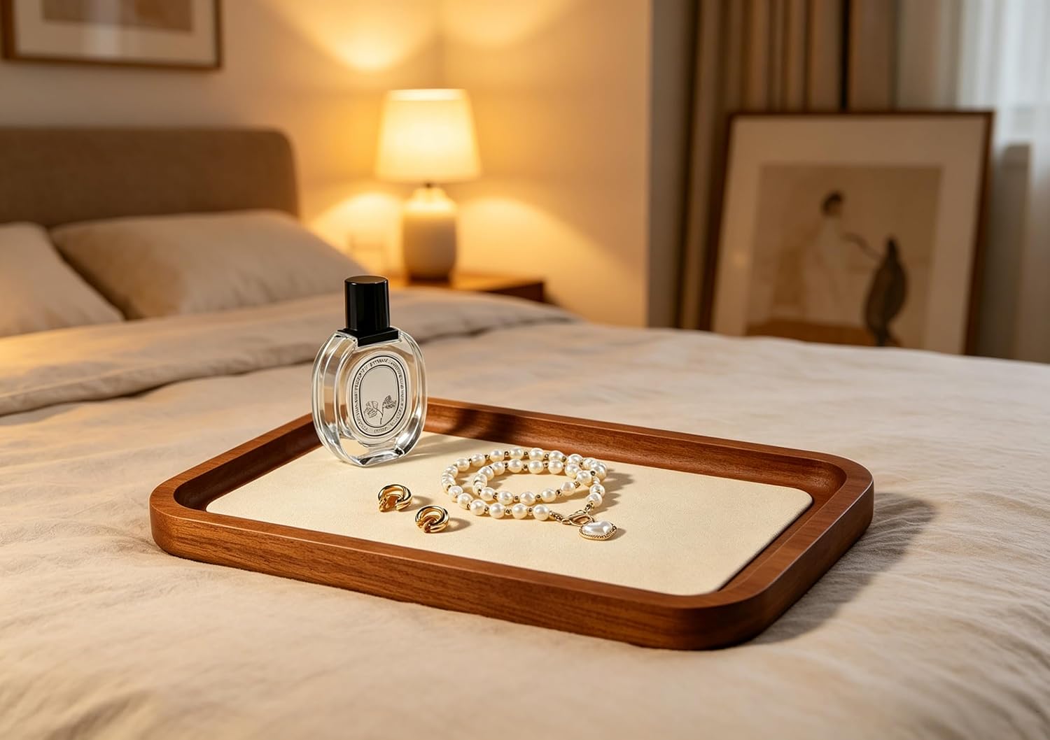 Wooden Jewelry Display Tray Rounded Rectangle Ring / Old Lace / Medium-w 3.9'' x H 0.6'' x L 7