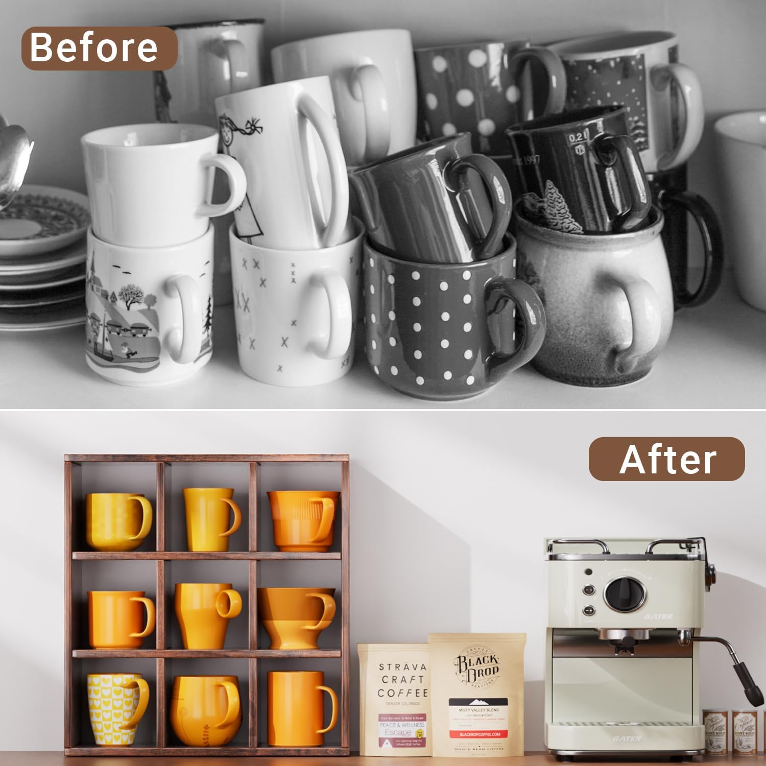 Helsin 9 Grid Vintage Coffee Mug Display Rack, 16inch Wall Mounted Wooden Curio Shadow Box Shelf, Cup Floating Shelves
