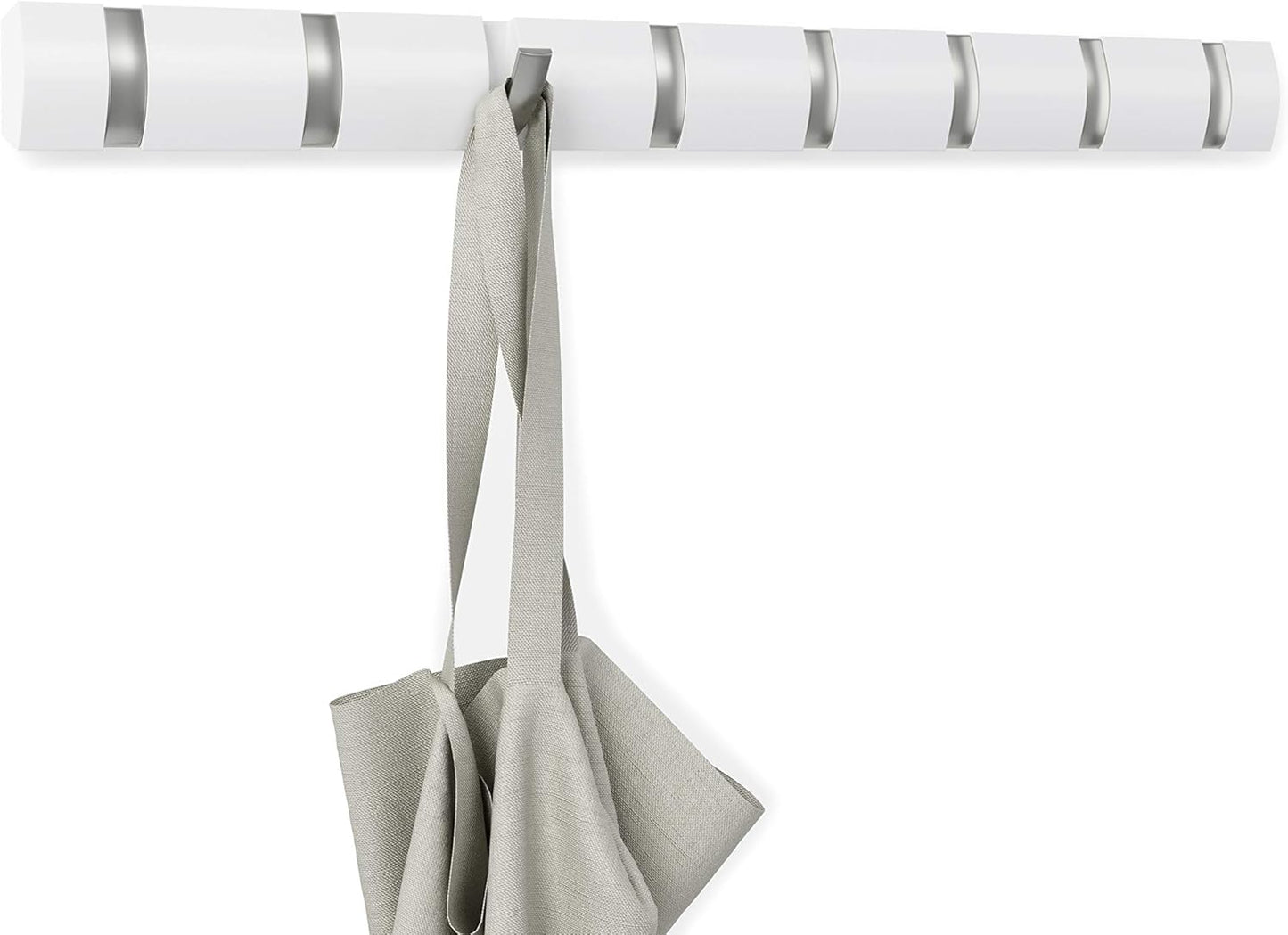Umbra Flip Coat Rack, Wall Mount 8-Hook, Space Saving, White | Real wood and steel build, retractable hooks fold flat