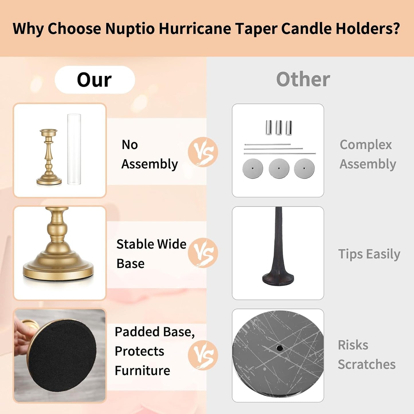 NUPTIO Hurricane Candle Holders, Set of 6 Gold Taper Holders with Glass | Glass Covers Protect Flames, Ornate Style