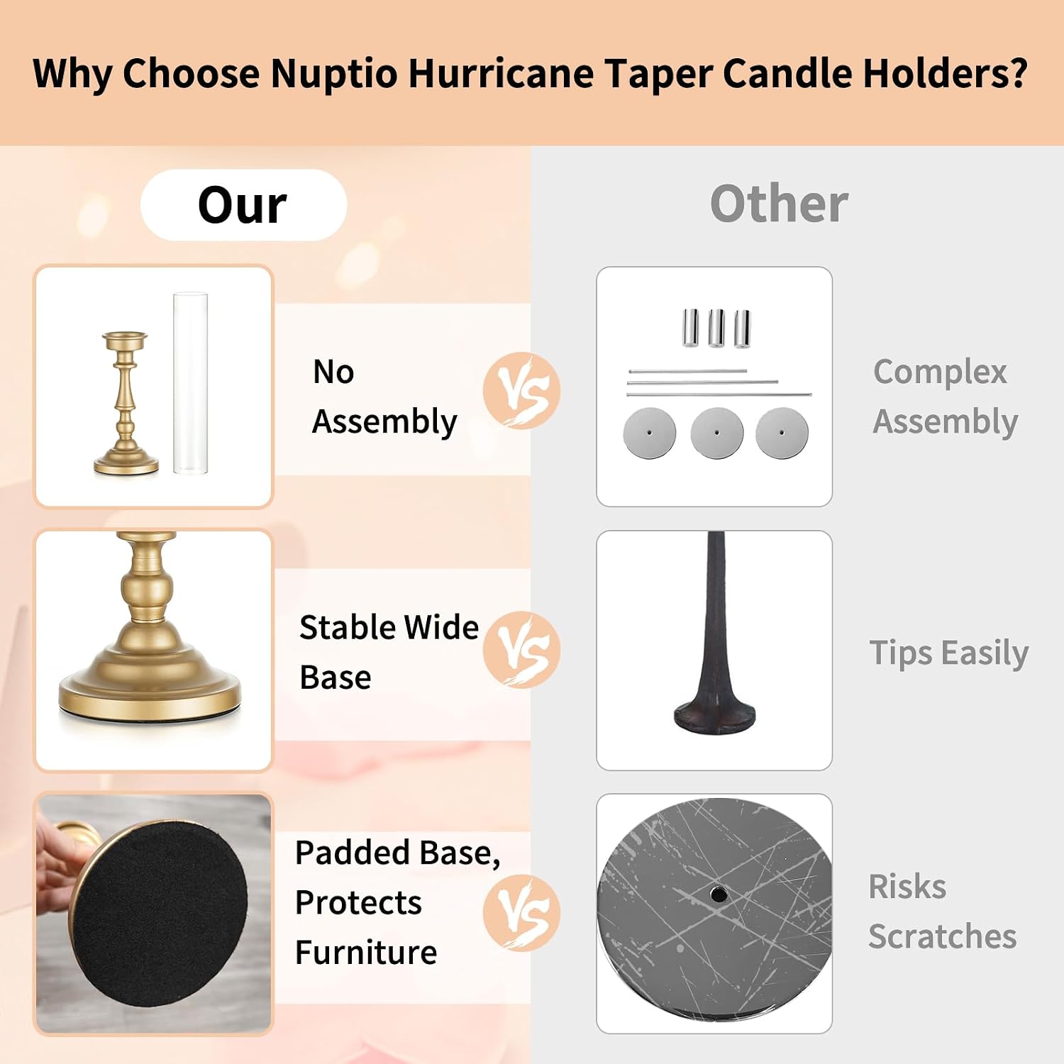 NUPTIO Hurricane Candle Holders, Set of 6 Gold Taper Holders with Glass | Glass Covers Protect Flames, Ornate Style