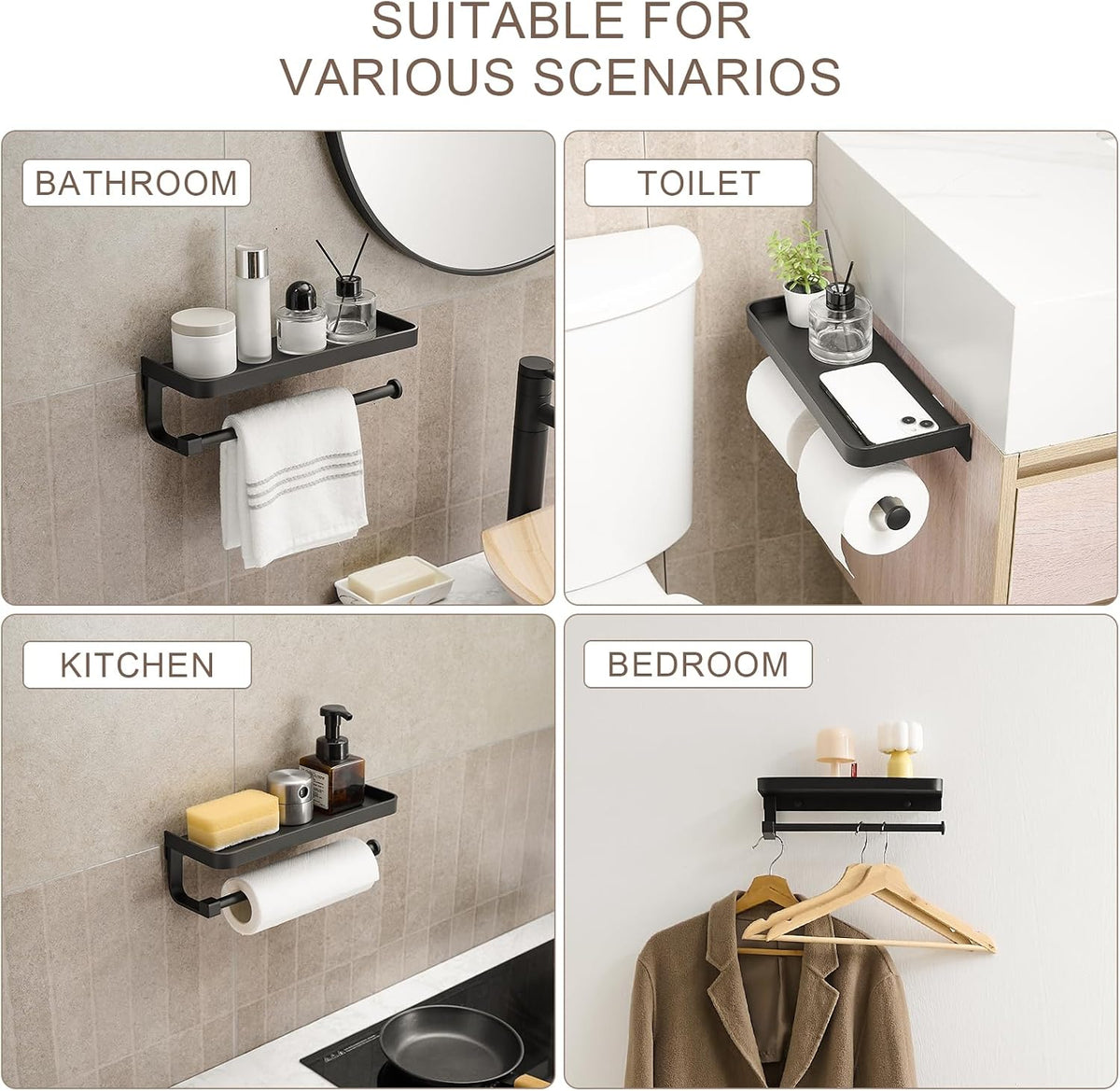 Paper Towel Holder Wall Mount with Shelf, Bathroom/Kitchen Paper Towel Holder, Effortless One-Handed Tear, Rust-Proof