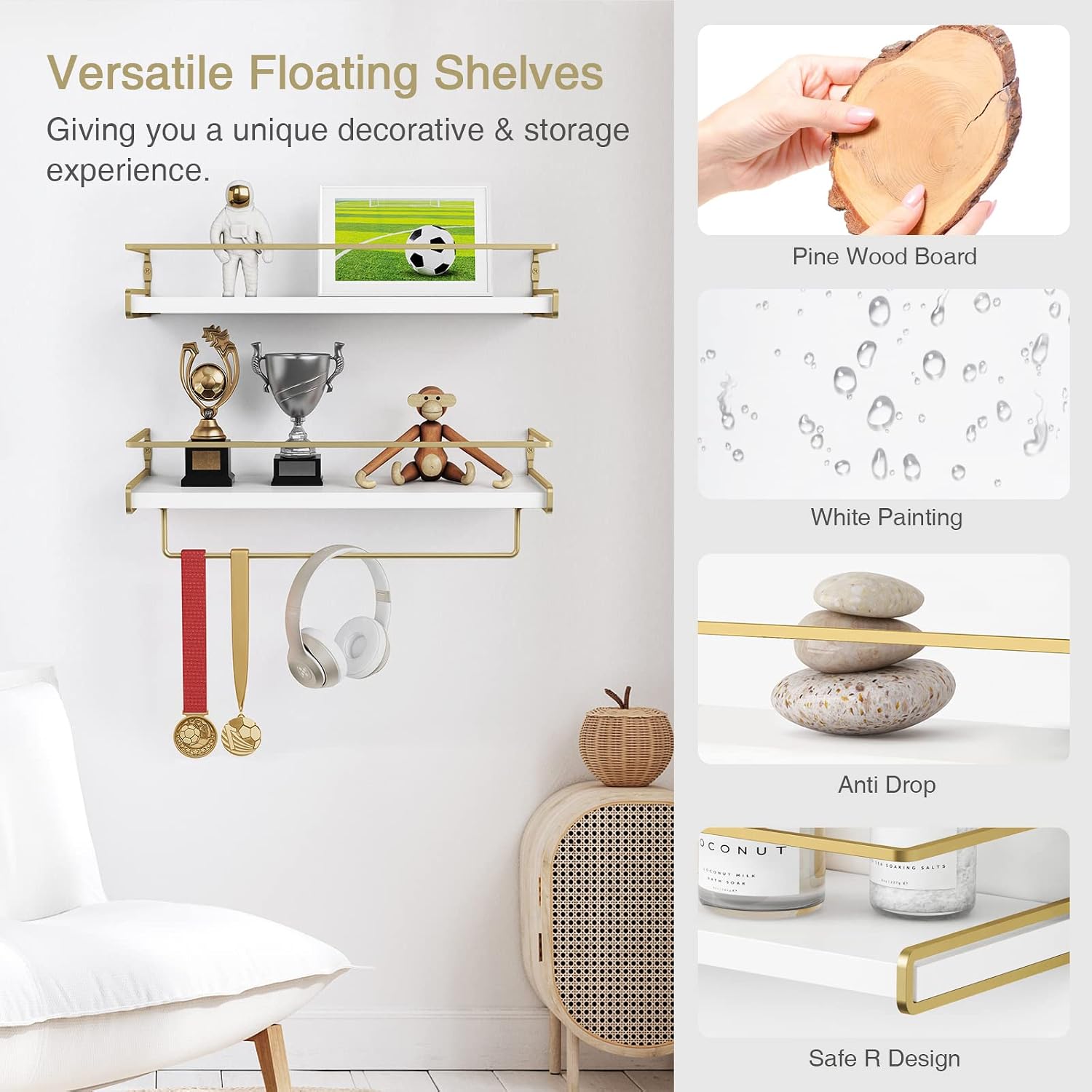 Forbena Floating Bathroom Shelves Wall Mounted, Aesthetic White and Gold Shelves for Bathroom Accessories, Modern